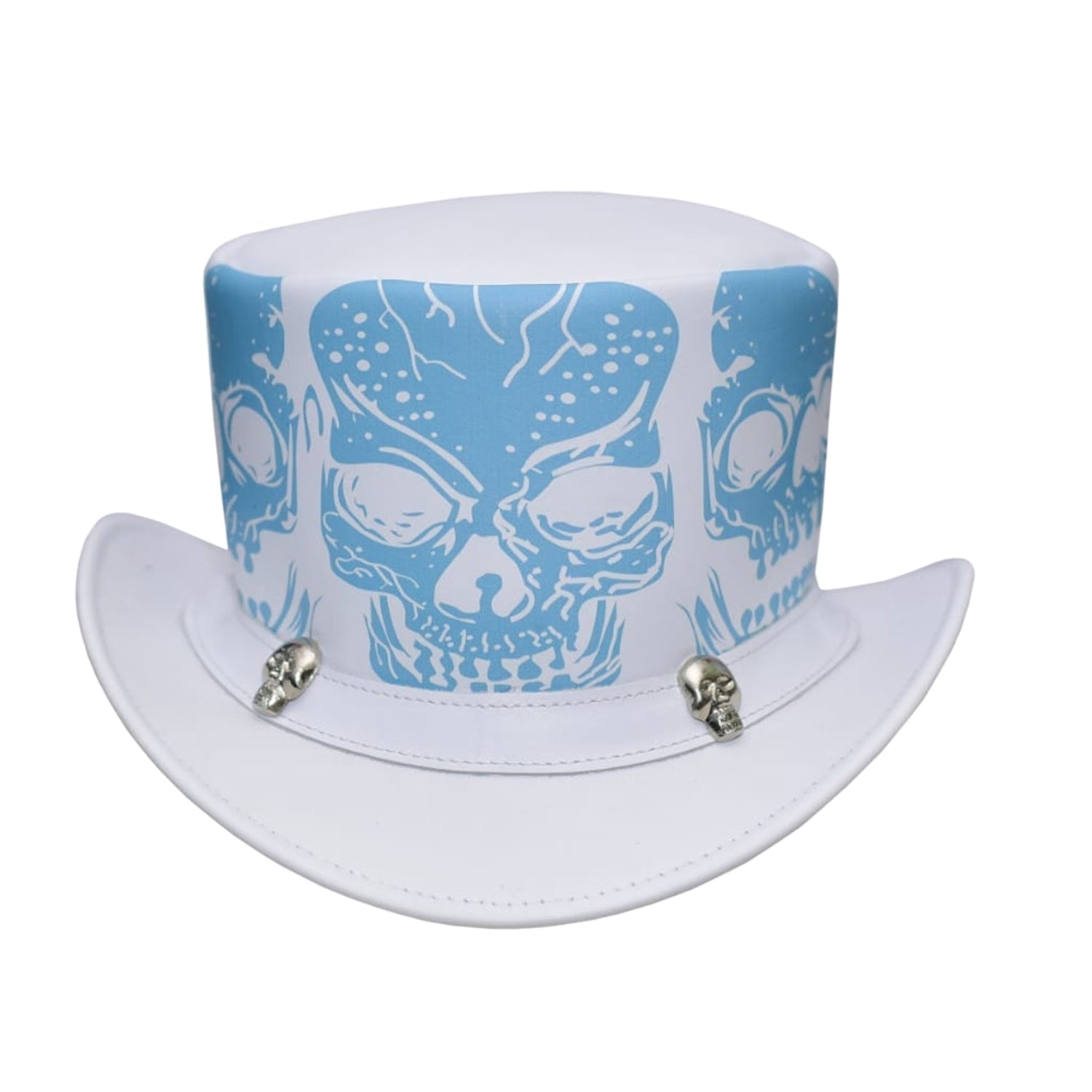 White top hat with blue skull pattern and small skulls on a white background