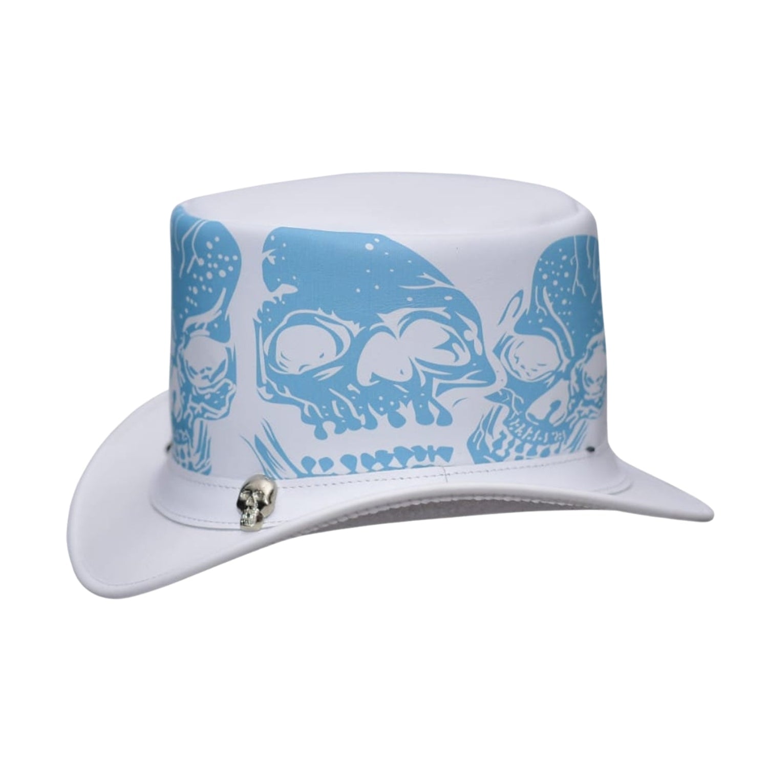 White cowboy hat with blue skull and crossbones design on a white background