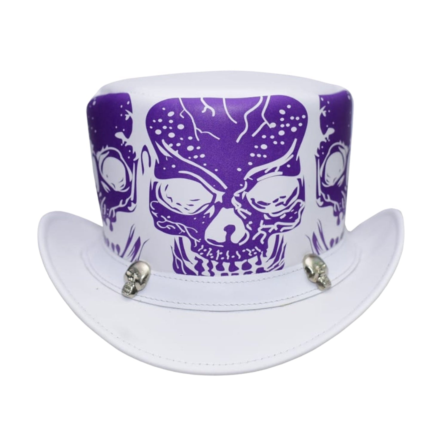White top hat with purple skull design and silver accents on a white background