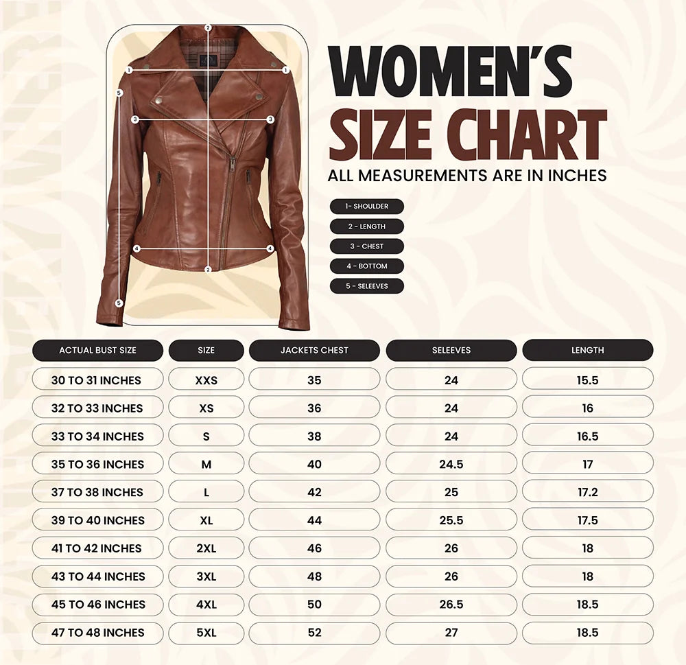 Women's leather jacket size chart with measurements in inches