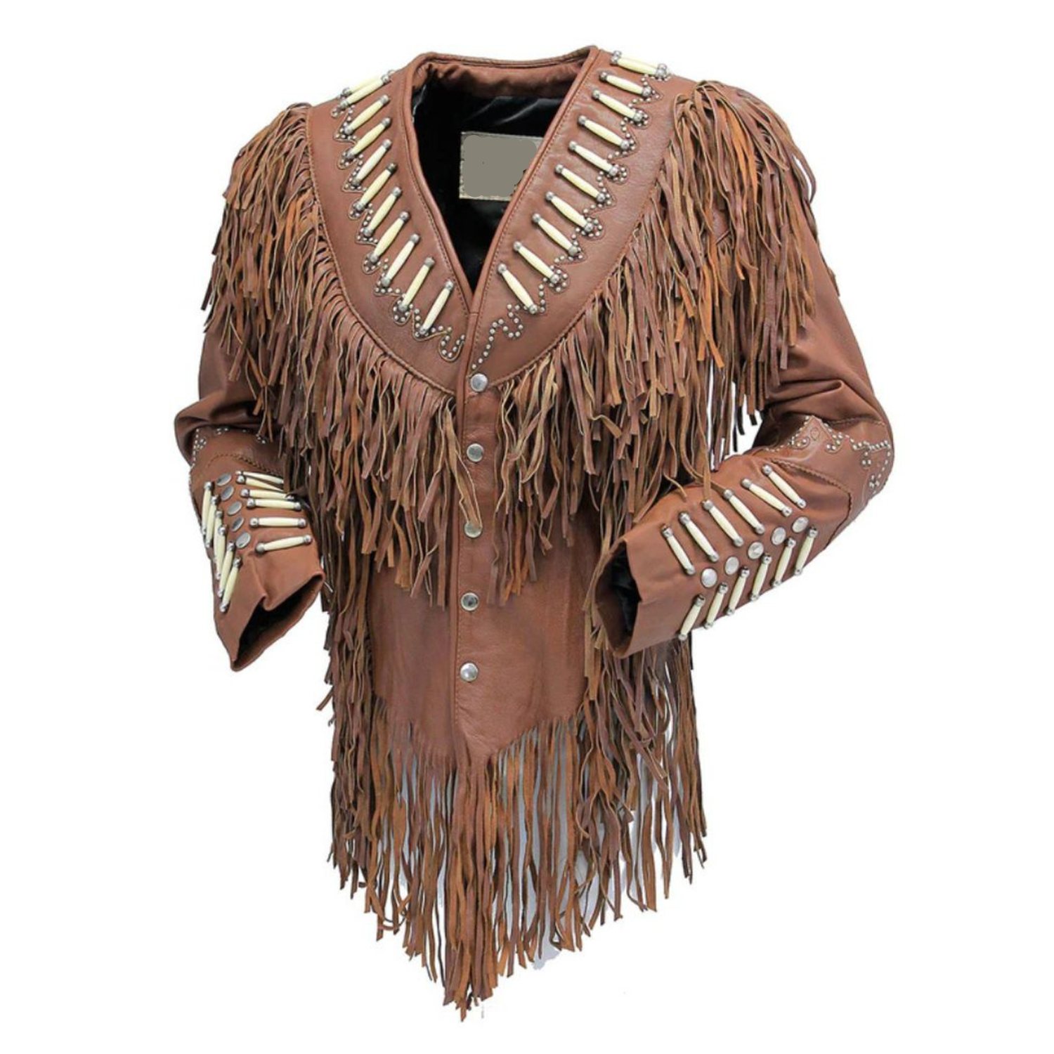 Women's American Western Cowhide Leather Jacket & Fringe and Bone Trim front view