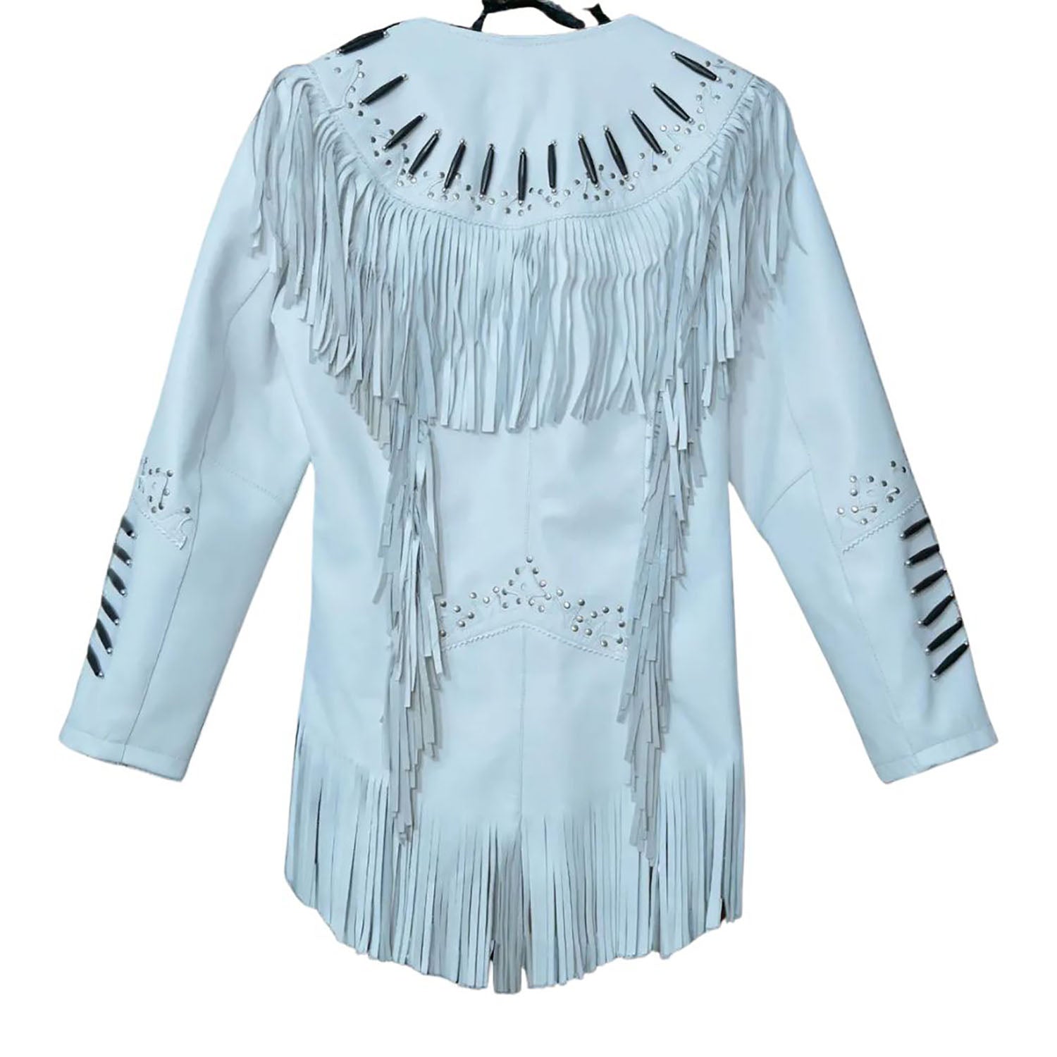 Women's American Western Cowhide Leather Jacket with Fringe and Bone Trim side view