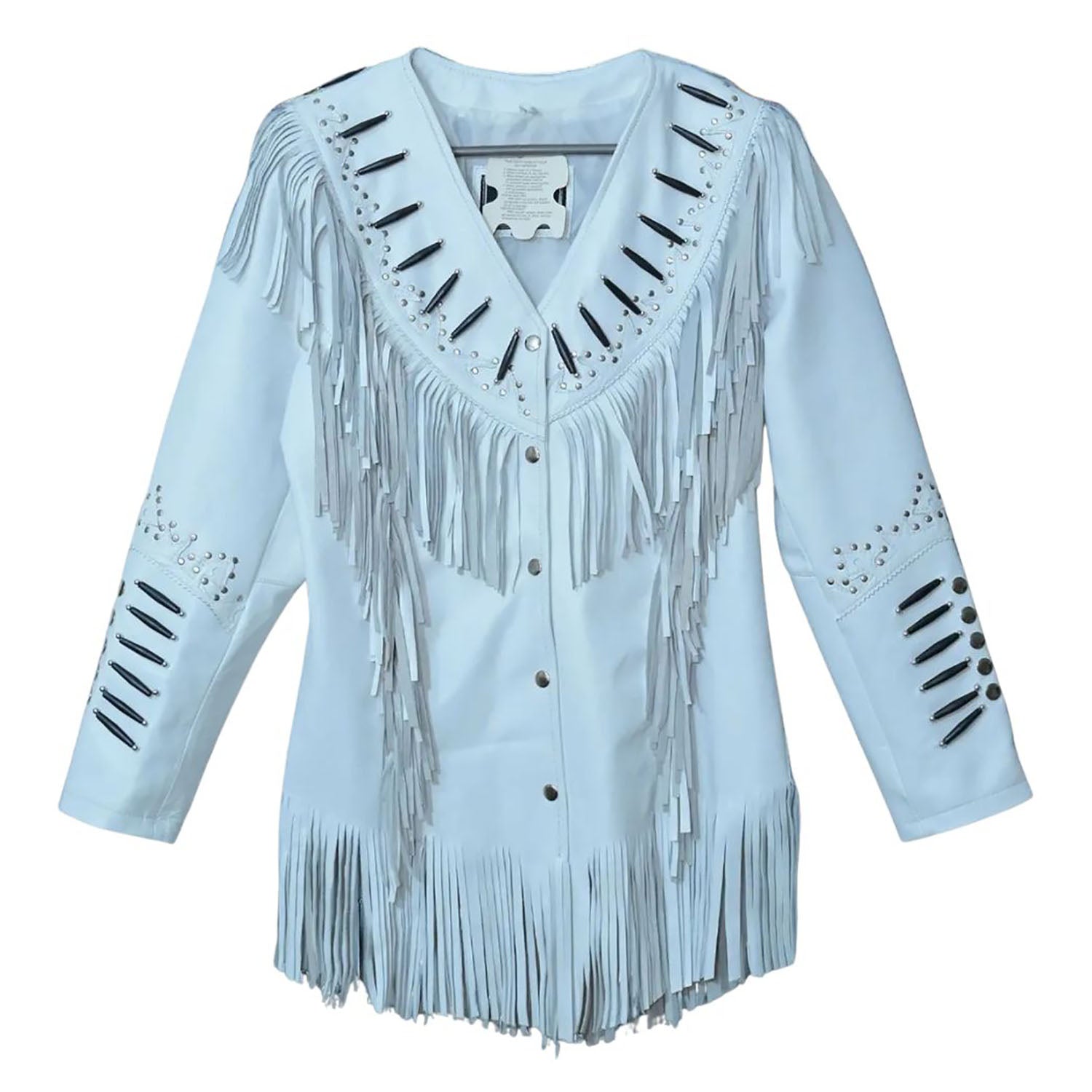Women's American Western Cowhide Leather Jacket with Fringe and Bone Trim front view