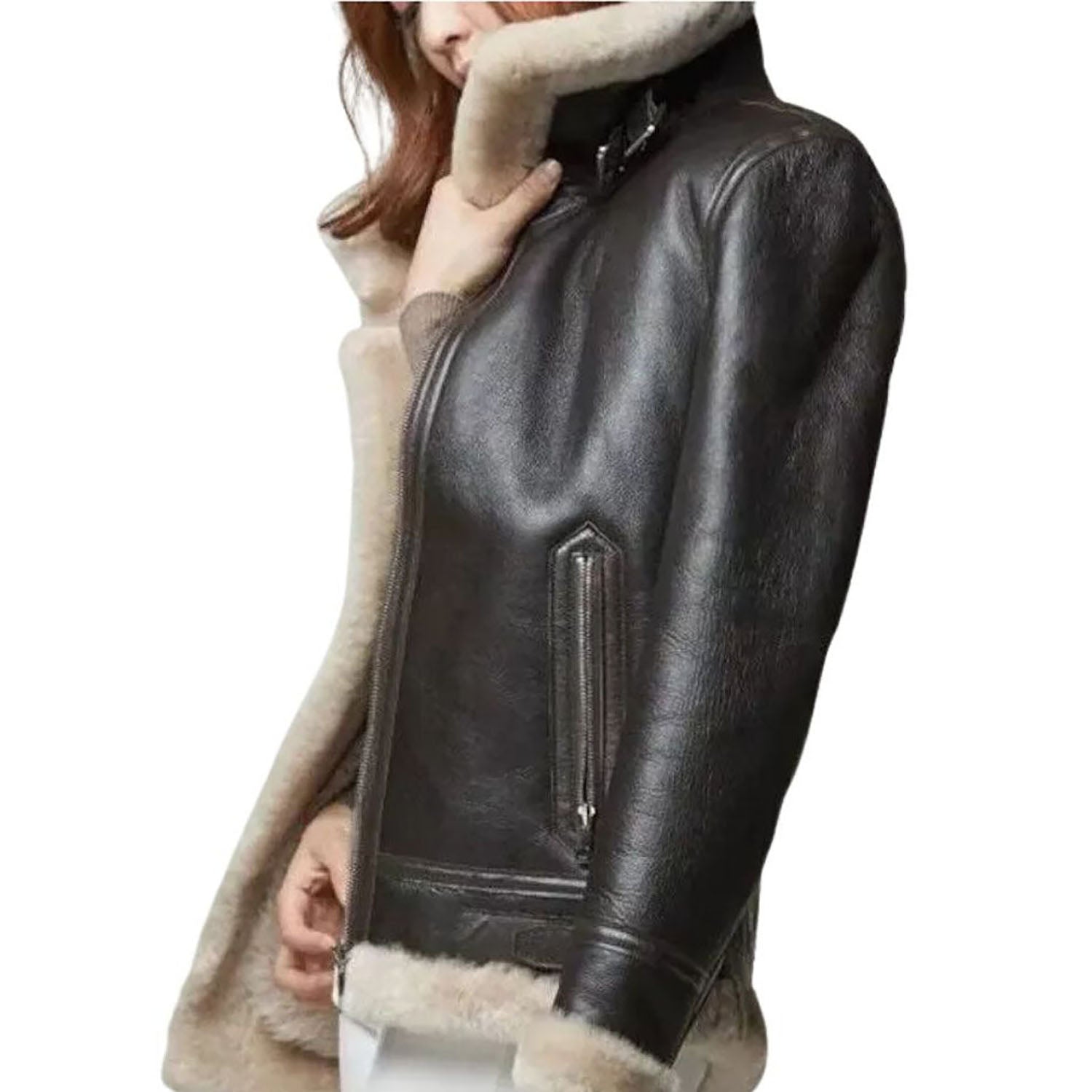 Women's B RAF Black Aviator Bomber Real Leather Jacket with Faux Fur Trim side view