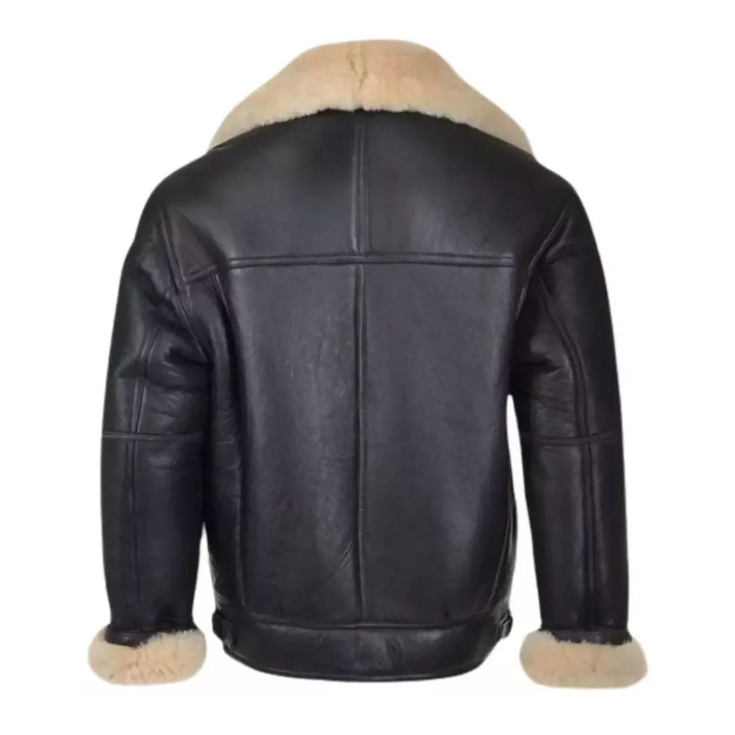 Women's B RAF Bomber Black Aviator Coat with Faux Fur Real Leather Jacket back view