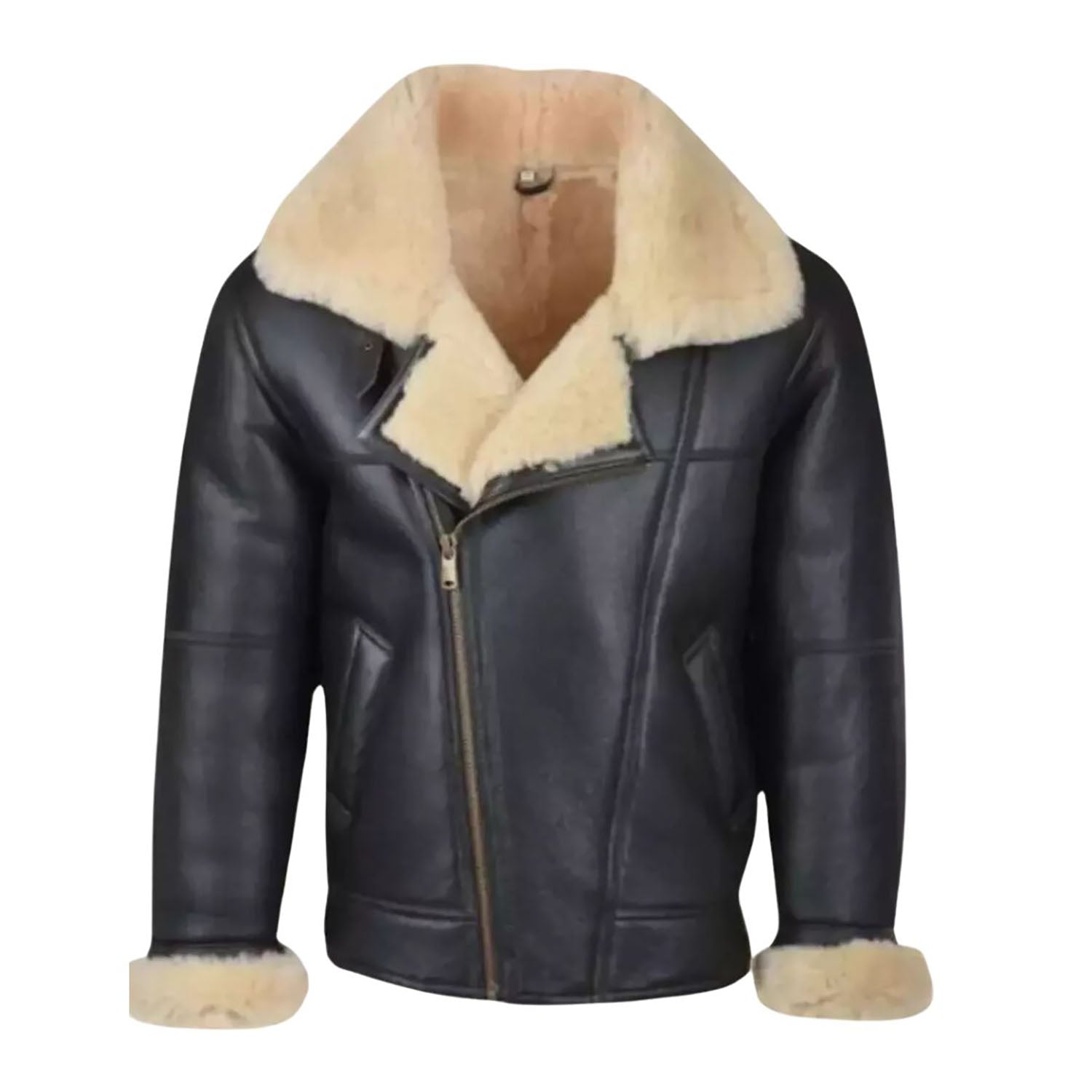 Women's B RAF Bomber Black Aviator Coat with Faux Fur Real Leather Jacket front view