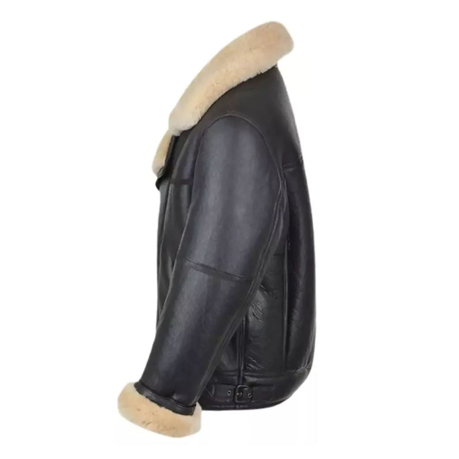 Women's B RAF Bomber Black Aviator Coat with Faux Fur Real Leather Jacket side view