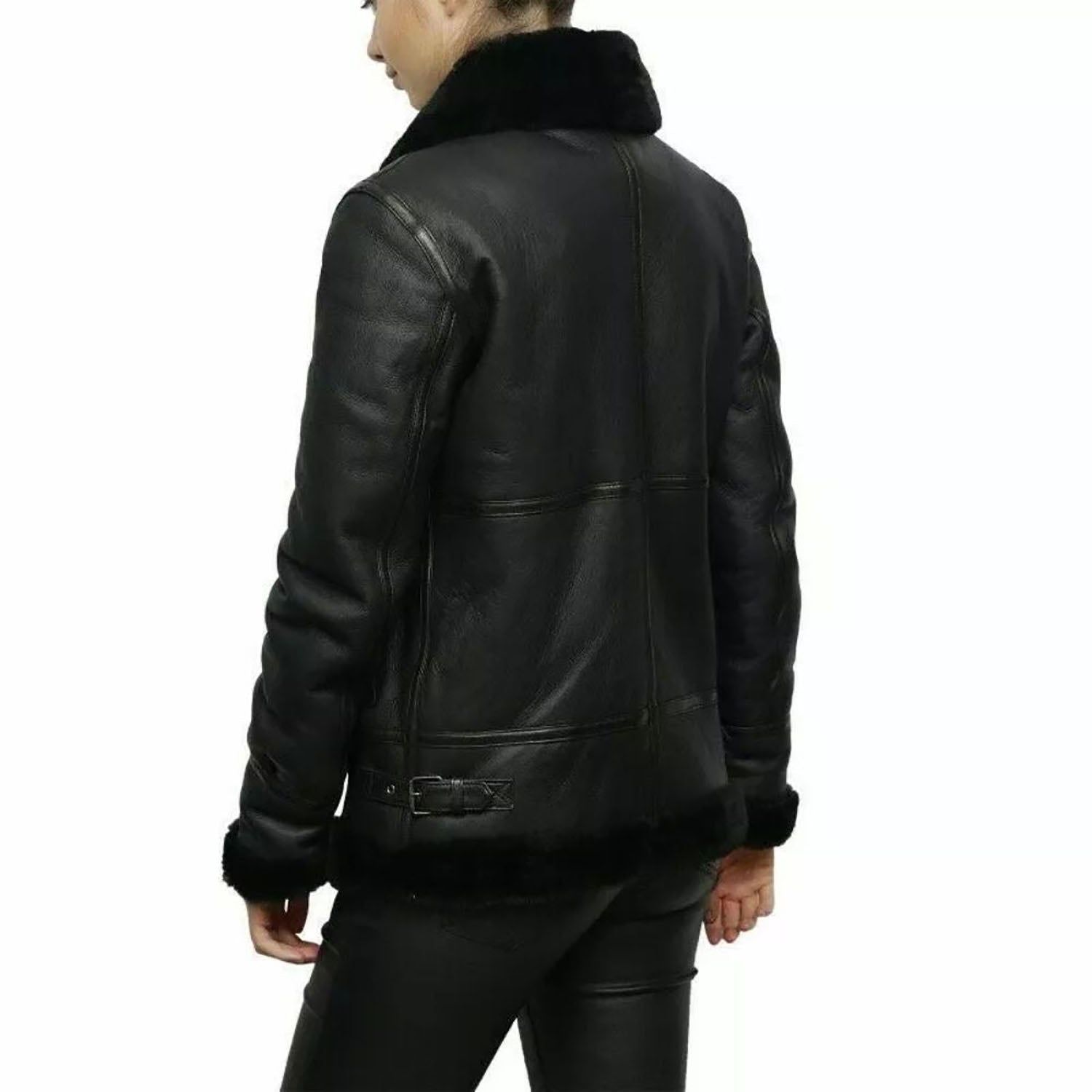 Women's B RAF Bomber Black Aviator Faux Fur Real Leather Jacket side view