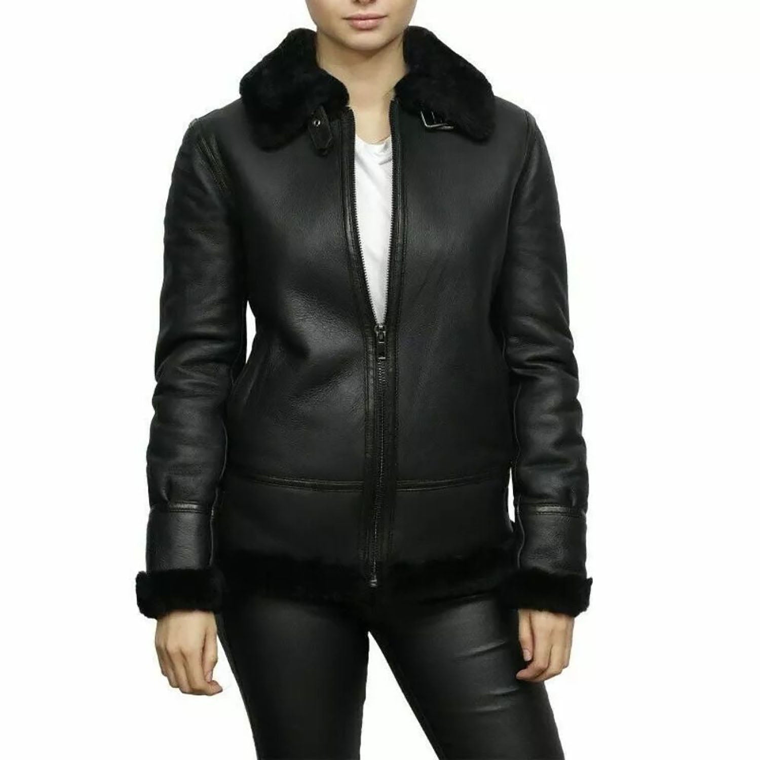 Women's B RAF Bomber Black Aviator Faux Fur Real Leather Jacket back view