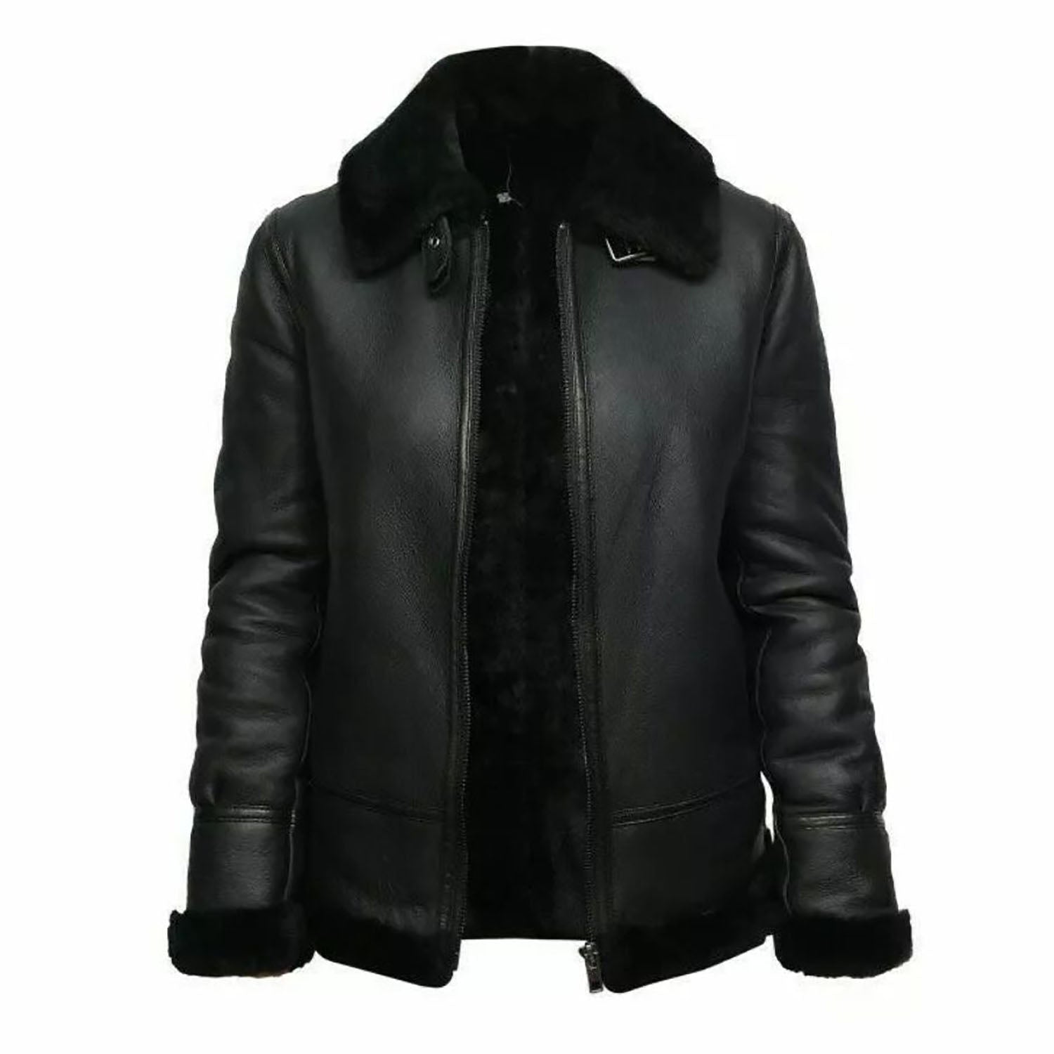 Women's B RAF Bomber Black Aviator Faux Fur Real Leather Jacket front view