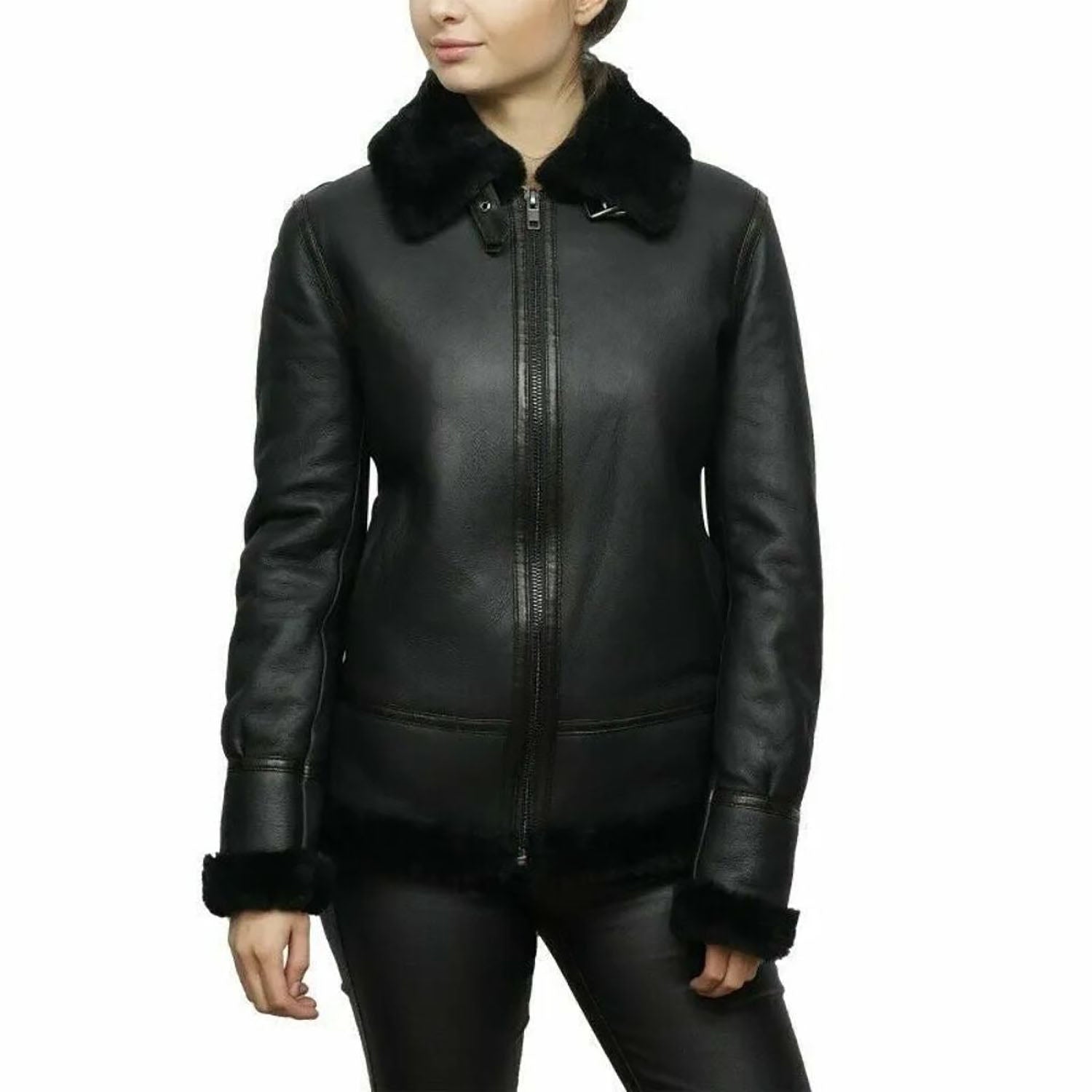 Women's B RAF Bomber Black Aviator Faux Fur Real Leather Jacket close-up detail