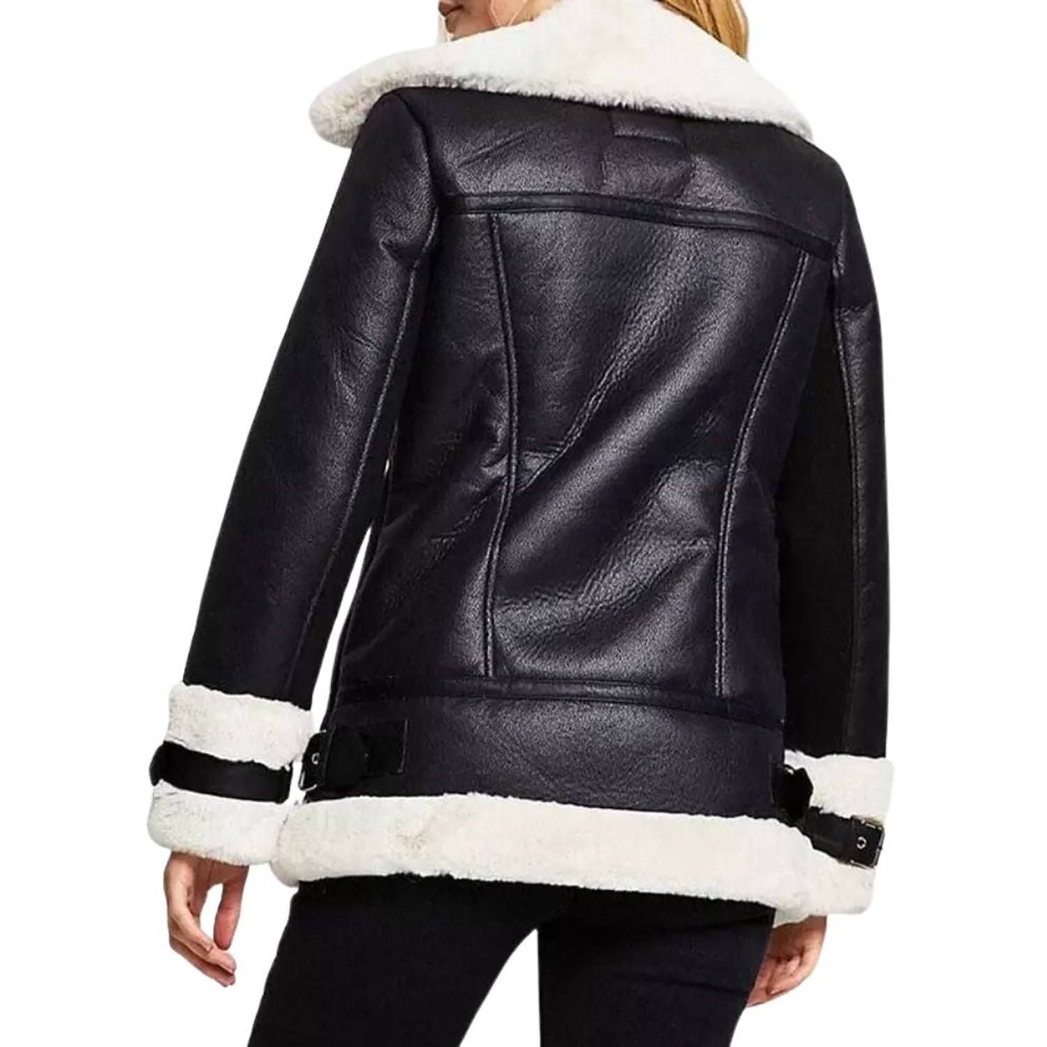 Women's B RAF Bomber Black Aviator Shearling Leather Jacket back view