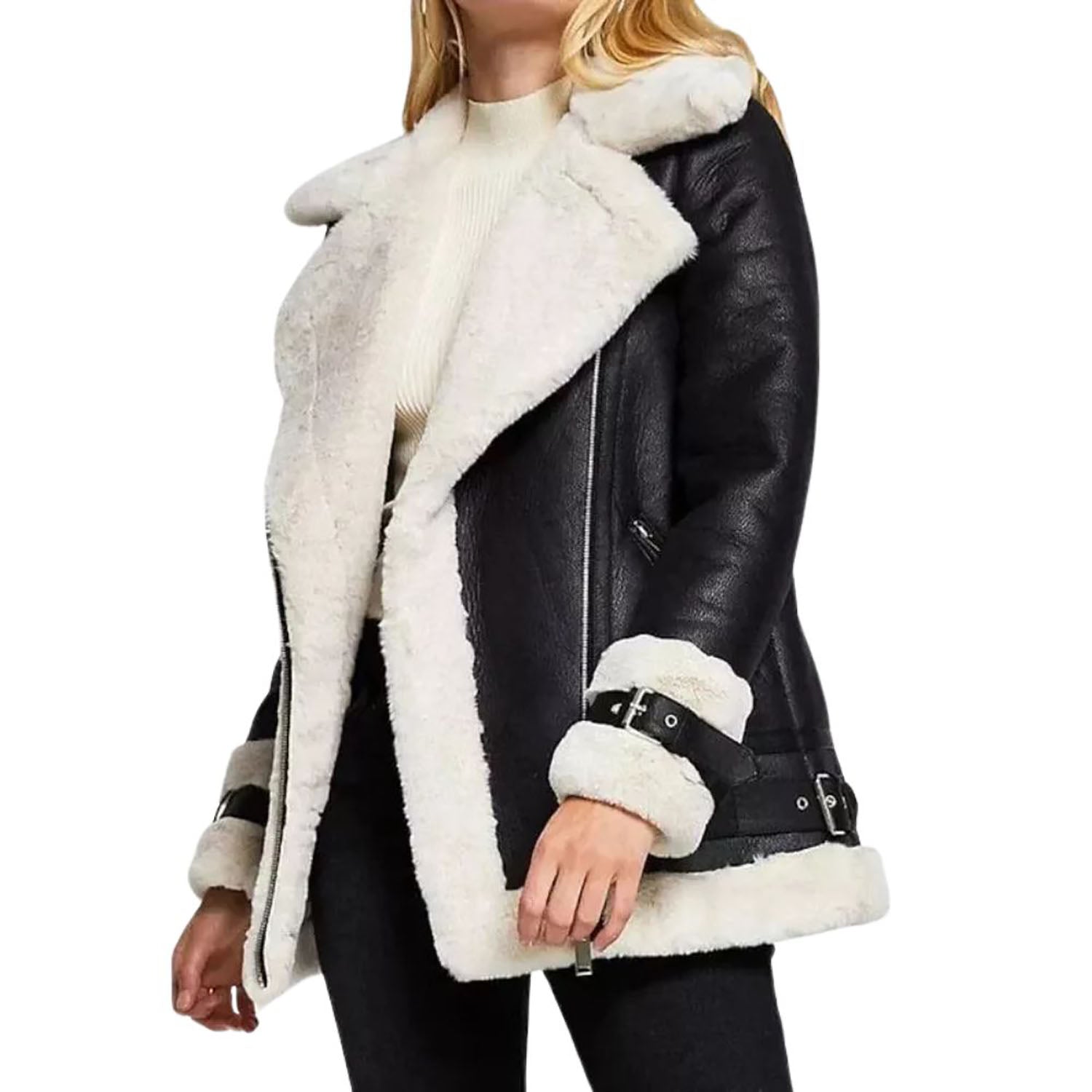 Women's B RAF Bomber Black Aviator Shearling Leather Jacket side view