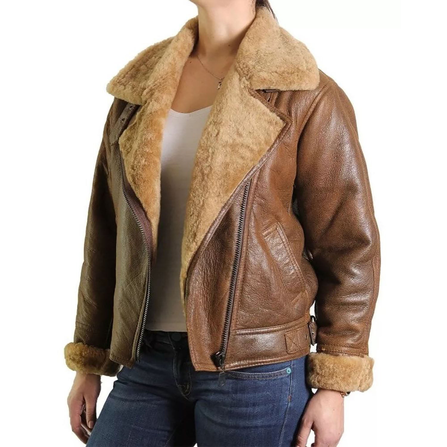 Women's B RAF Bomber Brown Aviator Flying Faux Fur Real Leather Jacket front view