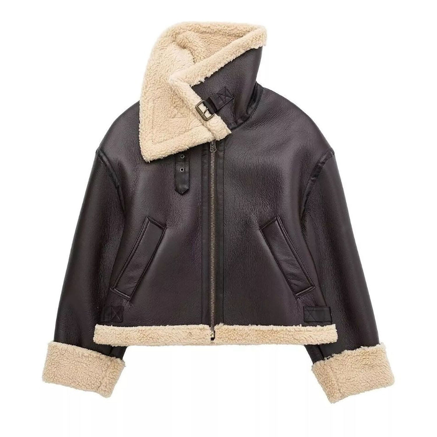 Women's B RAF Bomber Dark Brown Aviator Faux Fur Real Leather Jacket side view