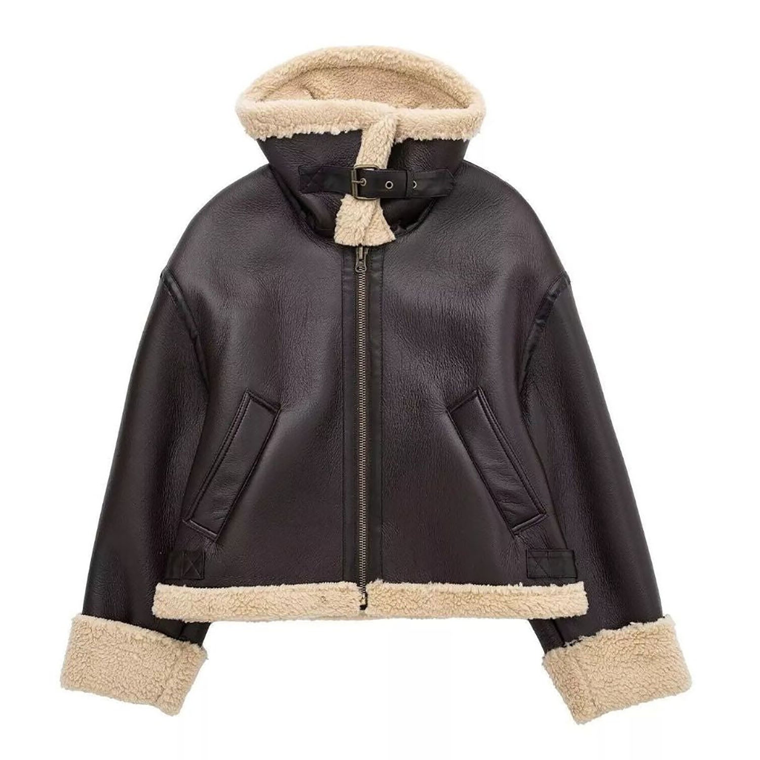 Women's B RAF Bomber Dark Brown Aviator Faux Fur Real Leather Jacket front view