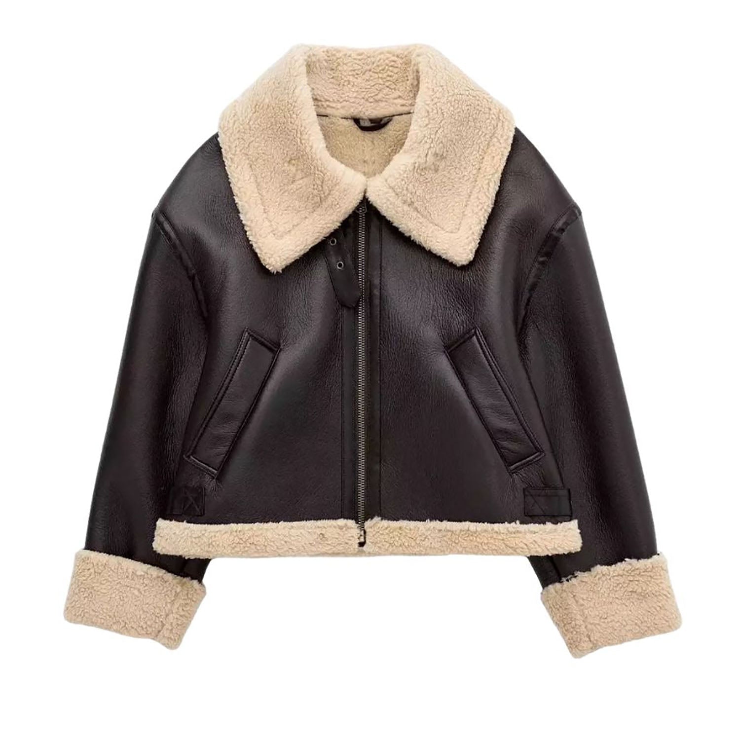 Women's B RAF Bomber Dark Brown Aviator Faux Fur Real Leather Jacket back view