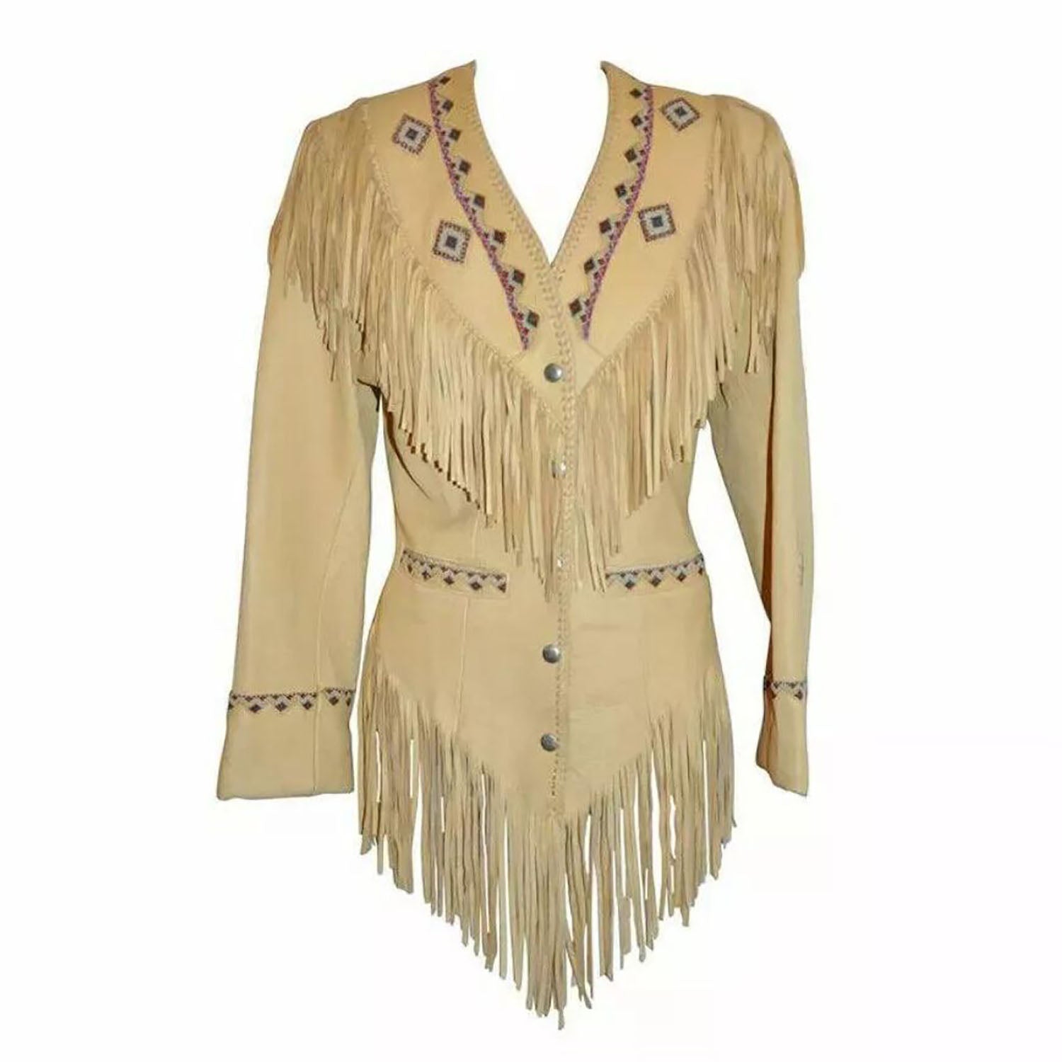 Women’s Beige Western Cowhide Leather Jacket with Fringe & Beaded Work front view