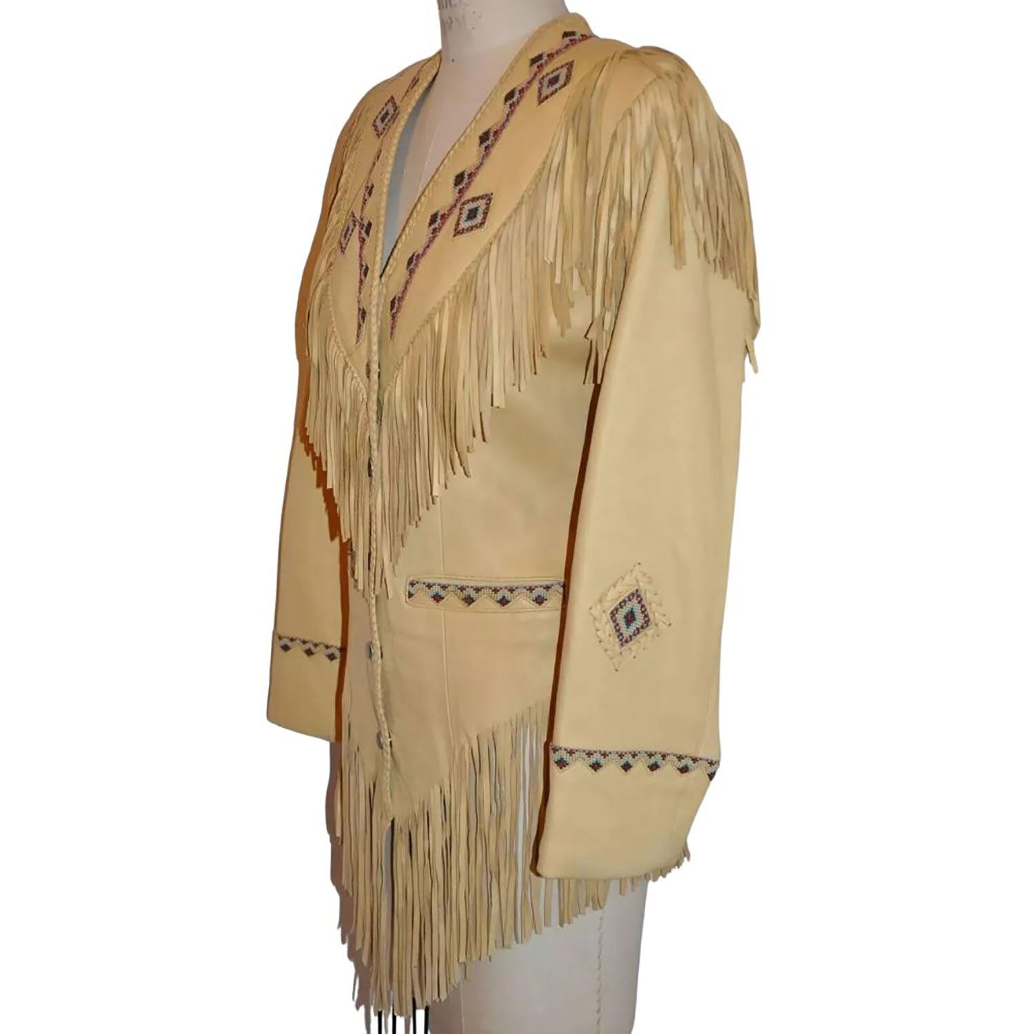 Women’s Beige Western Cowhide Leather Jacket with Fringe & Beaded Work side view