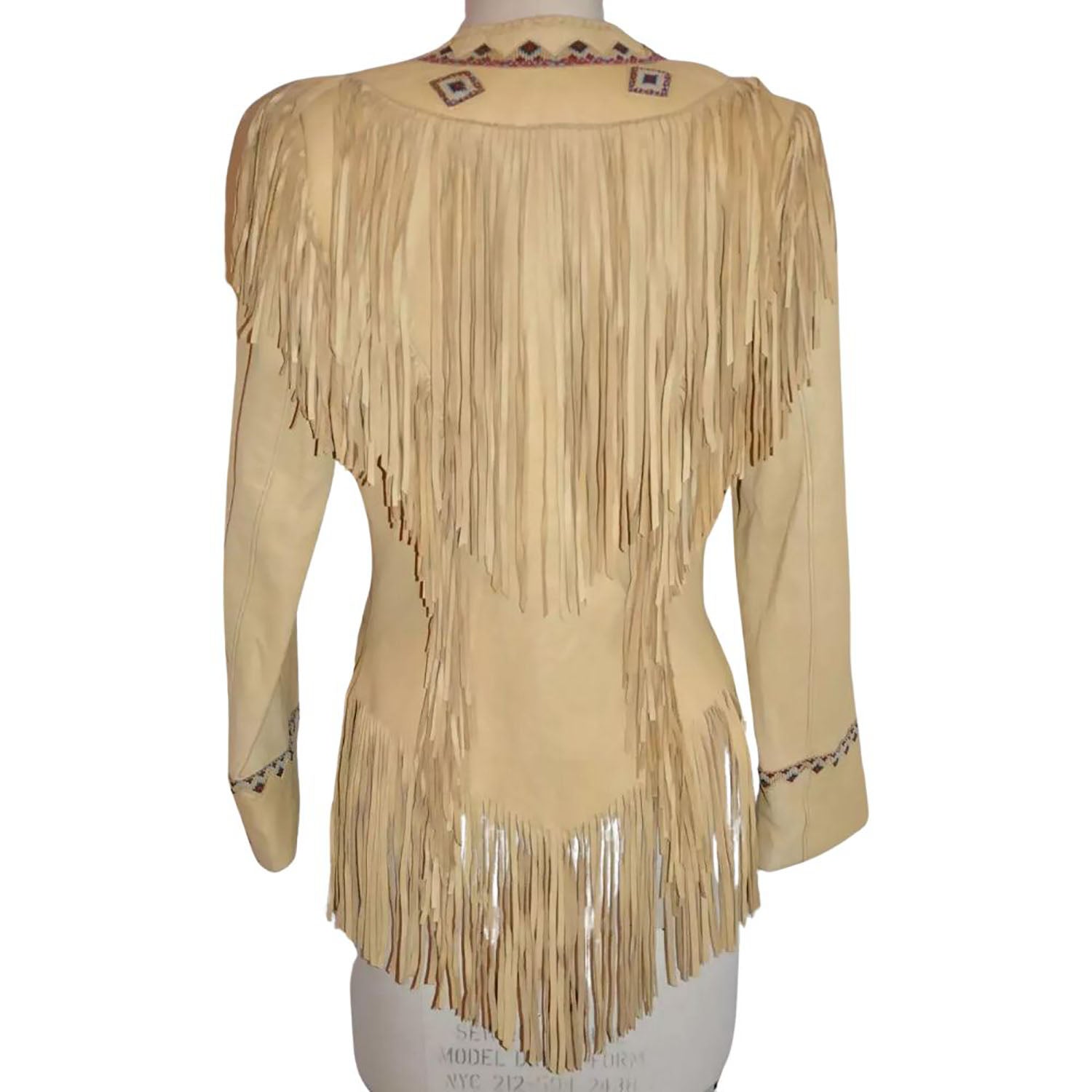 Women’s Beige Western Cowhide Leather Jacket with Fringe & Beaded Work back view