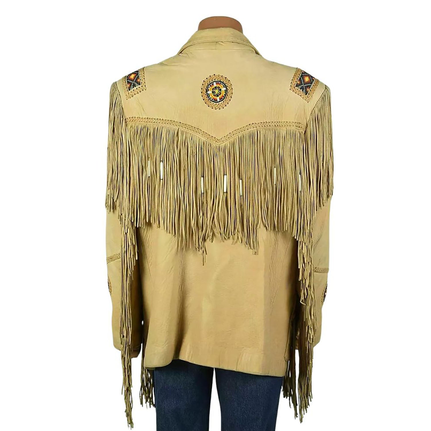 Women’s Beige Western Leather Jacket with Fringe and Beaded Work side view
