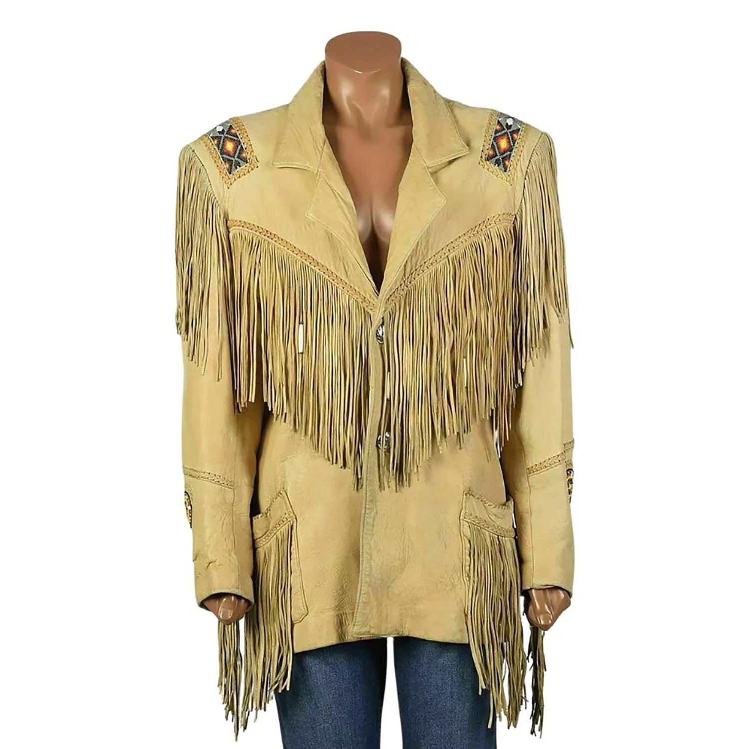 Women’s Beige Western Leather Jacket with Fringe and Beaded Work front view