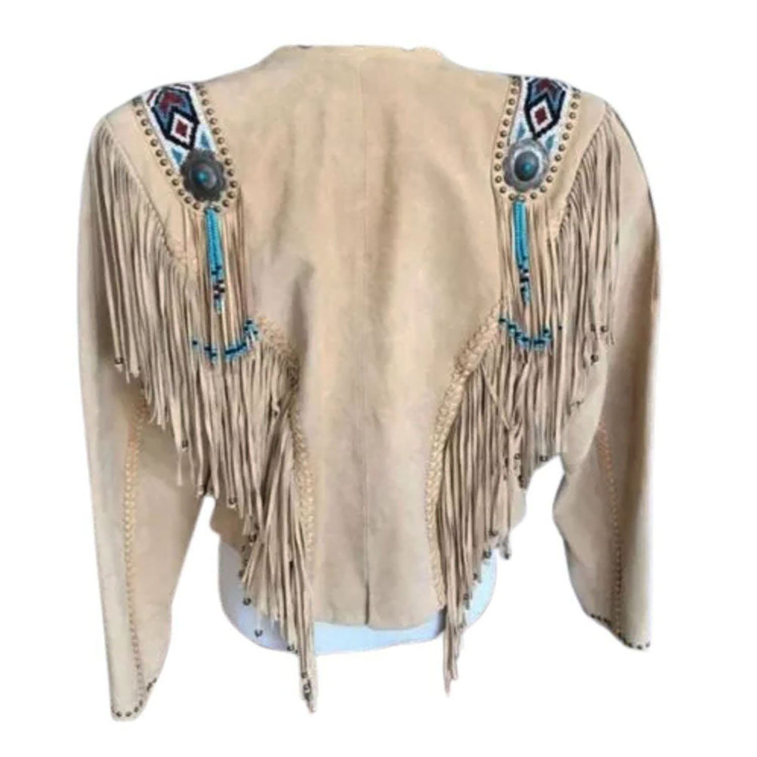 Women's Beige Western Leather Jacket with Fringe and Blue Beaded Work side view