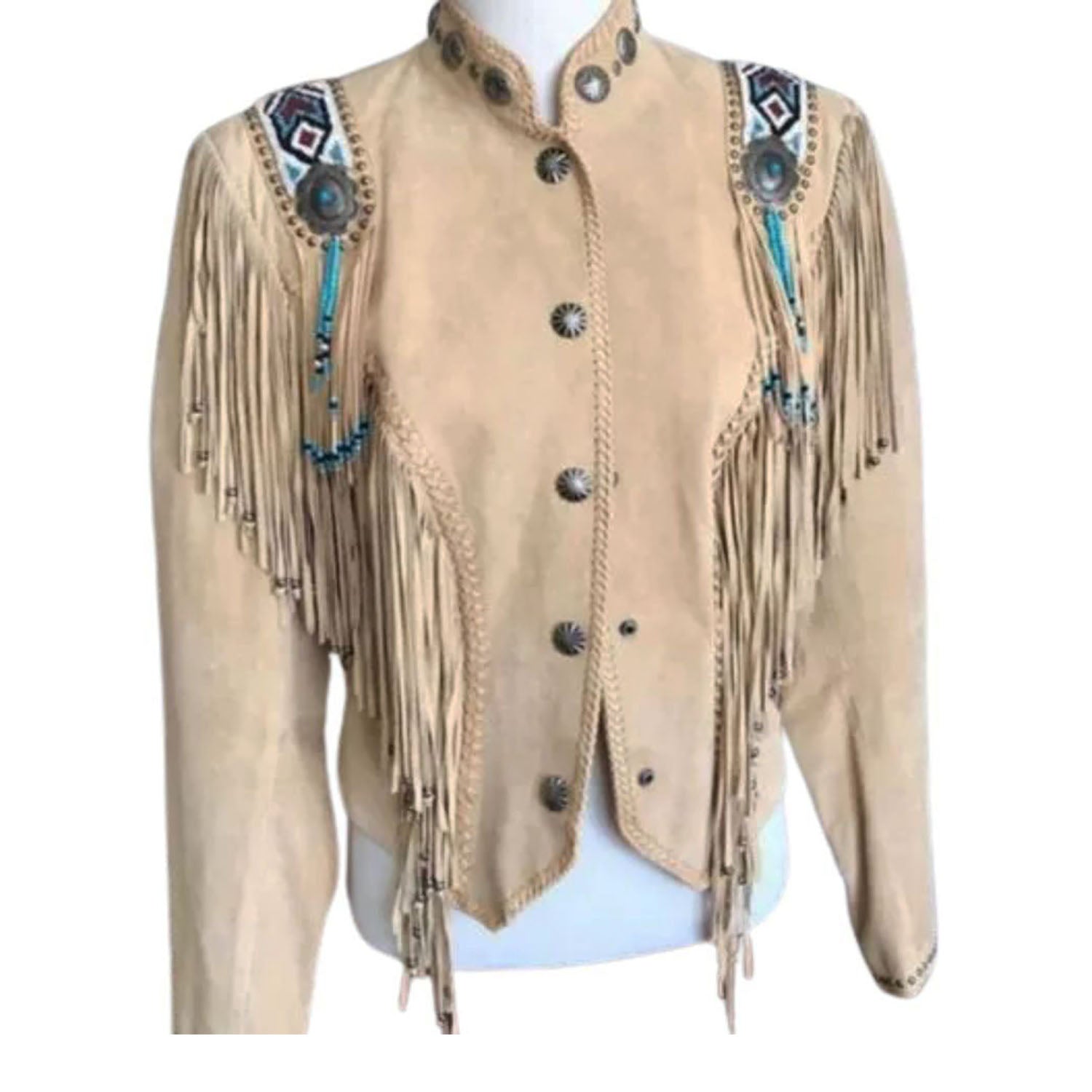 Women's Beige Western Leather Jacket with Fringe and Blue Beaded Work front view