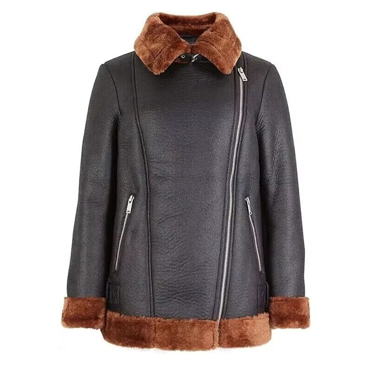 Women's Black Bomber Aviator Cowhide Leather Jacket with Fur Overcoat front view