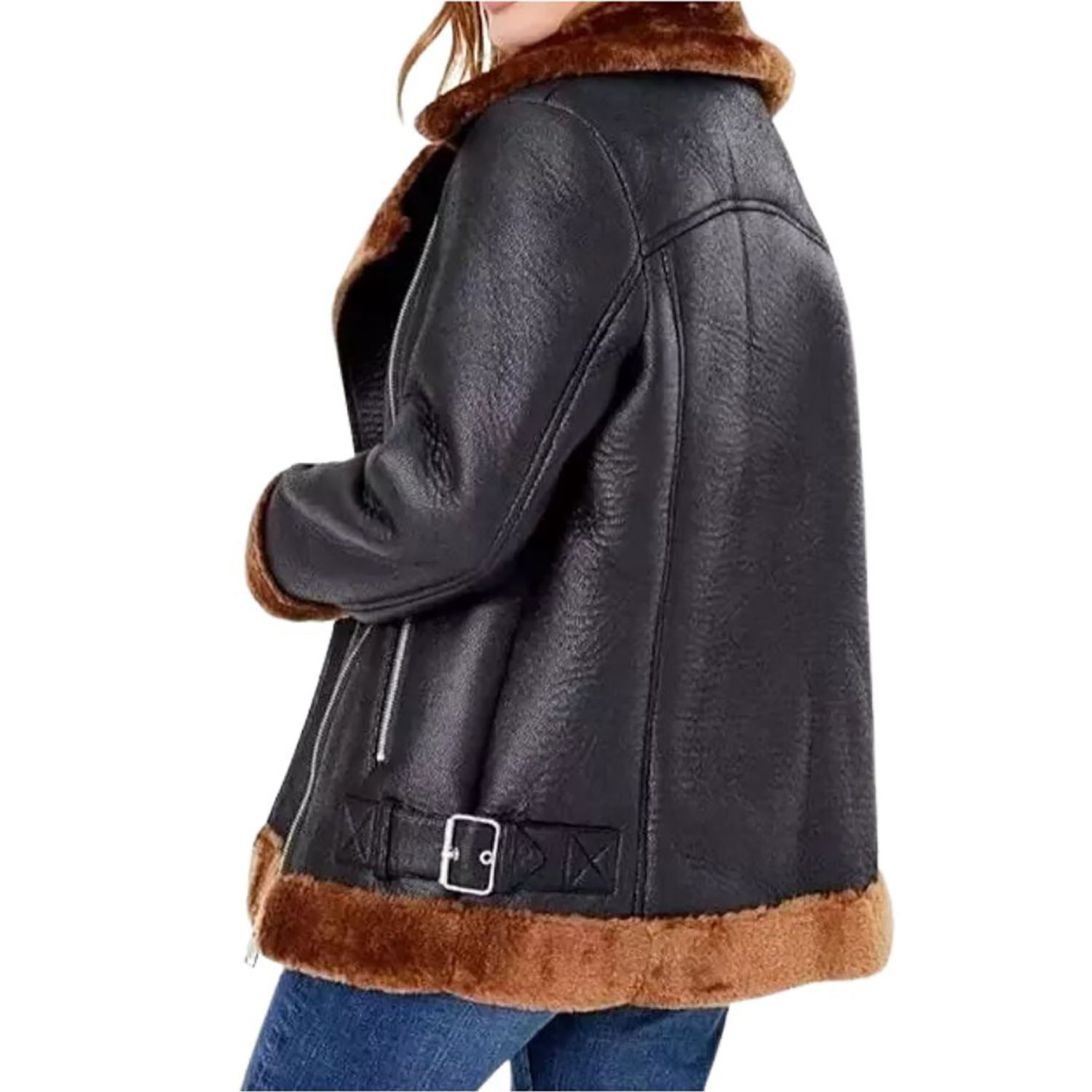 Women's Black Bomber Aviator Cowhide Leather Jacket with Fur Overcoat side view