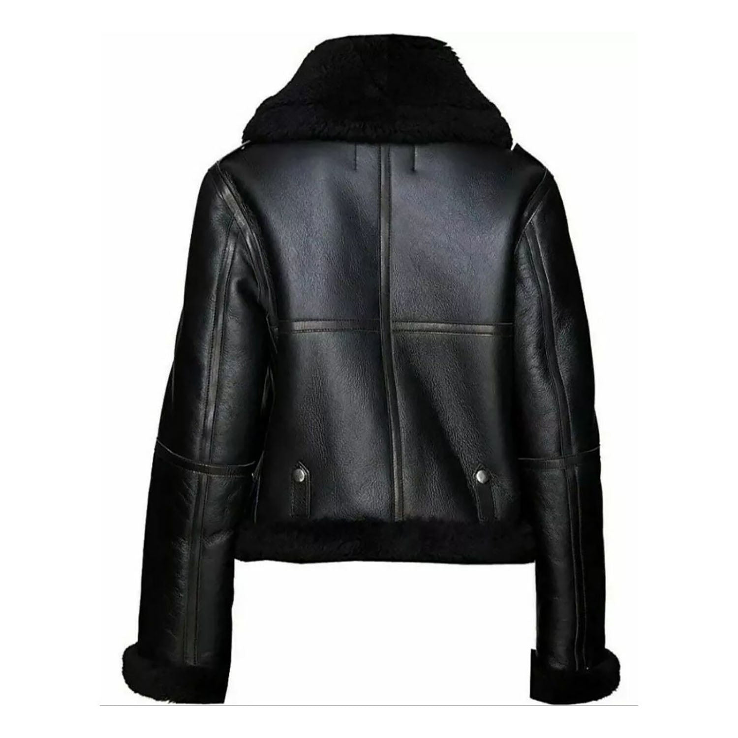 Women's Black Bomber Aviator Sheepskin Leather Jacket & Fur Overcoat back view