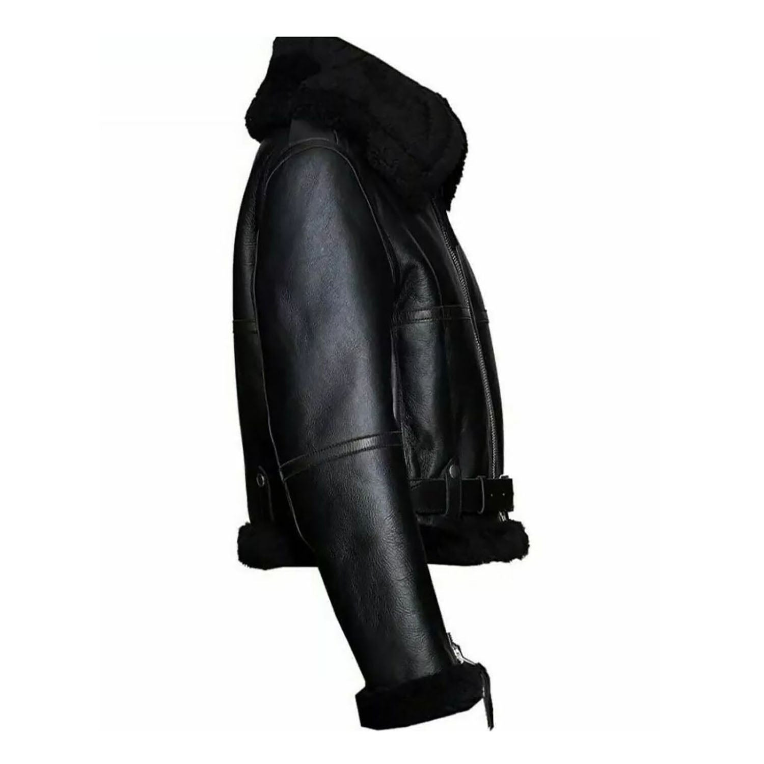 Women's Black Bomber Aviator Sheepskin Leather Jacket & Fur Overcoat side view