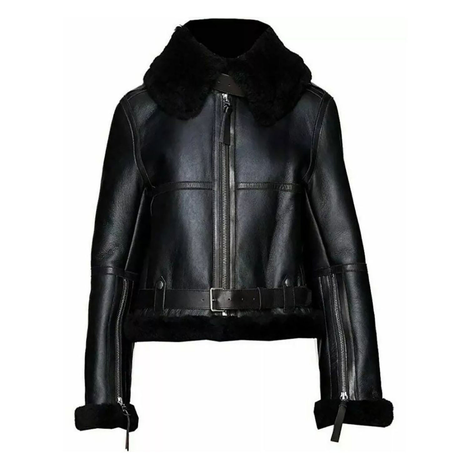 Women's Black Bomber Aviator Sheepskin Leather Jacket & Fur Overcoat front view