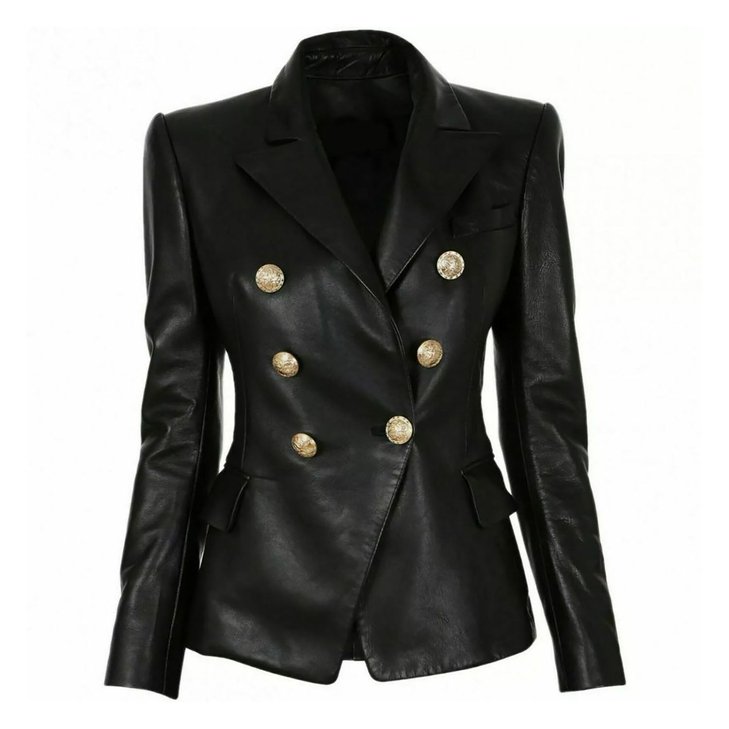Women's Black Sheepskin Real Leather Blazer Coat - Slim Fit with Buttons front view