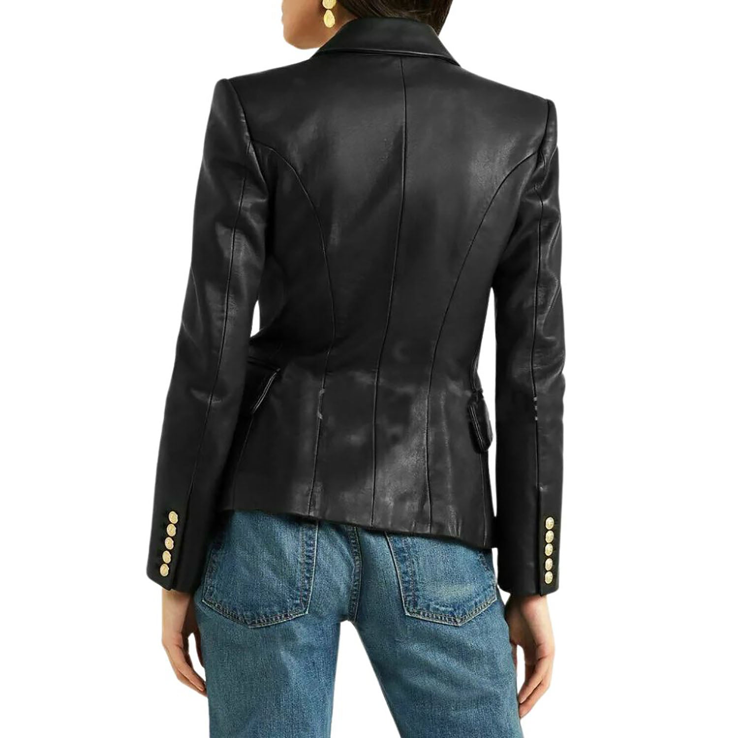Women's Black Sheepskin Real Leather Blazer Coat - Slim Fit with Buttons side view