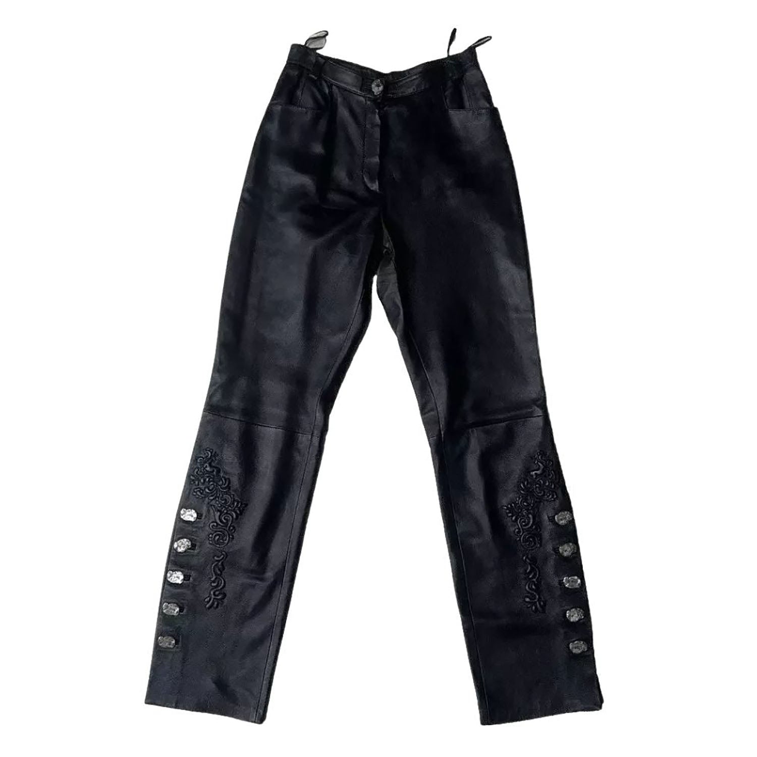 Women's Black Western American Style Cowhide Leather Pants with Embroidery Work front view