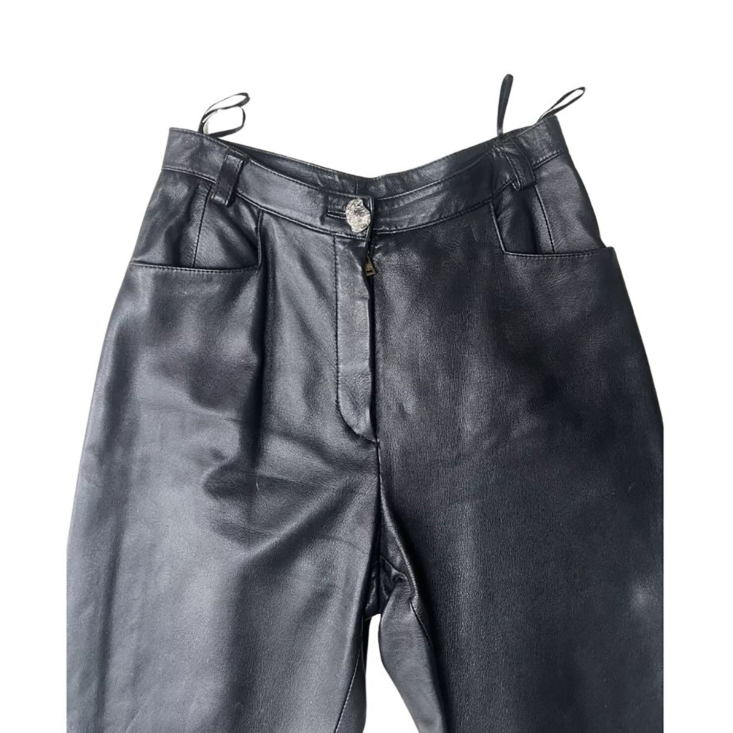 Women's Black Western American Style Cowhide Leather Pants with Embroidery Work side view