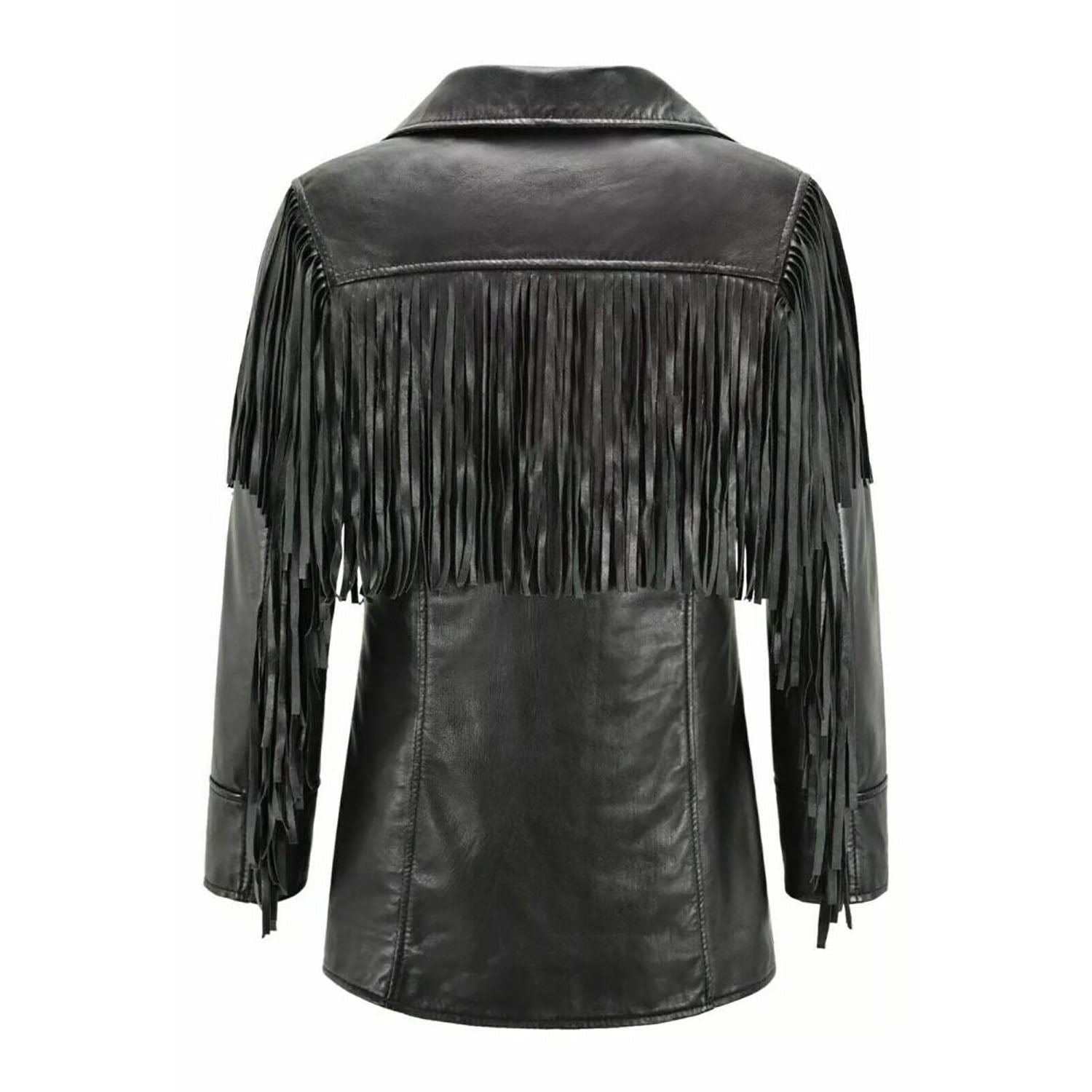 Women's Black Western Cowhide Leather Jacket with Fringe Work side view