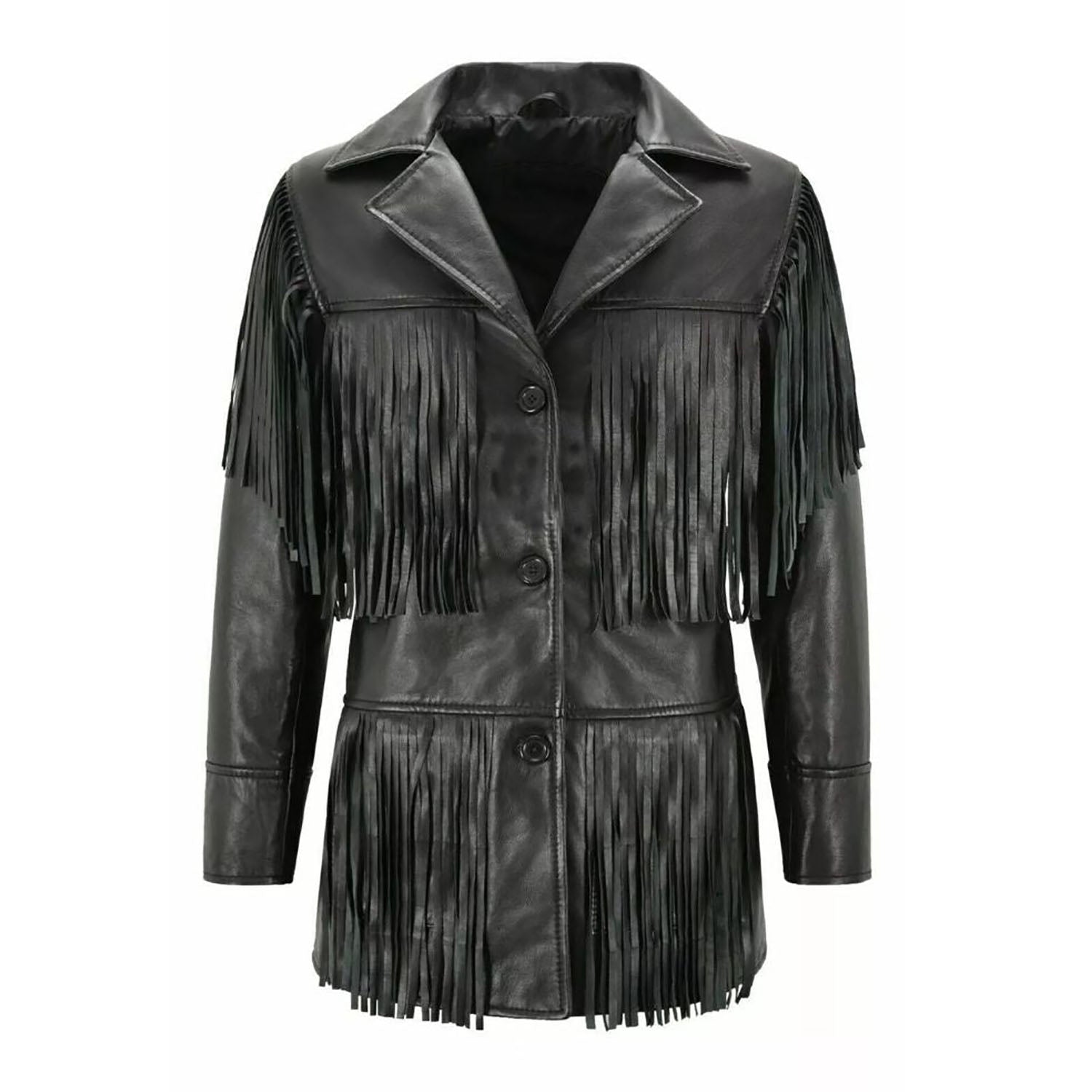 Women's Black Western Cowhide Leather Jacket with Fringe Work front view