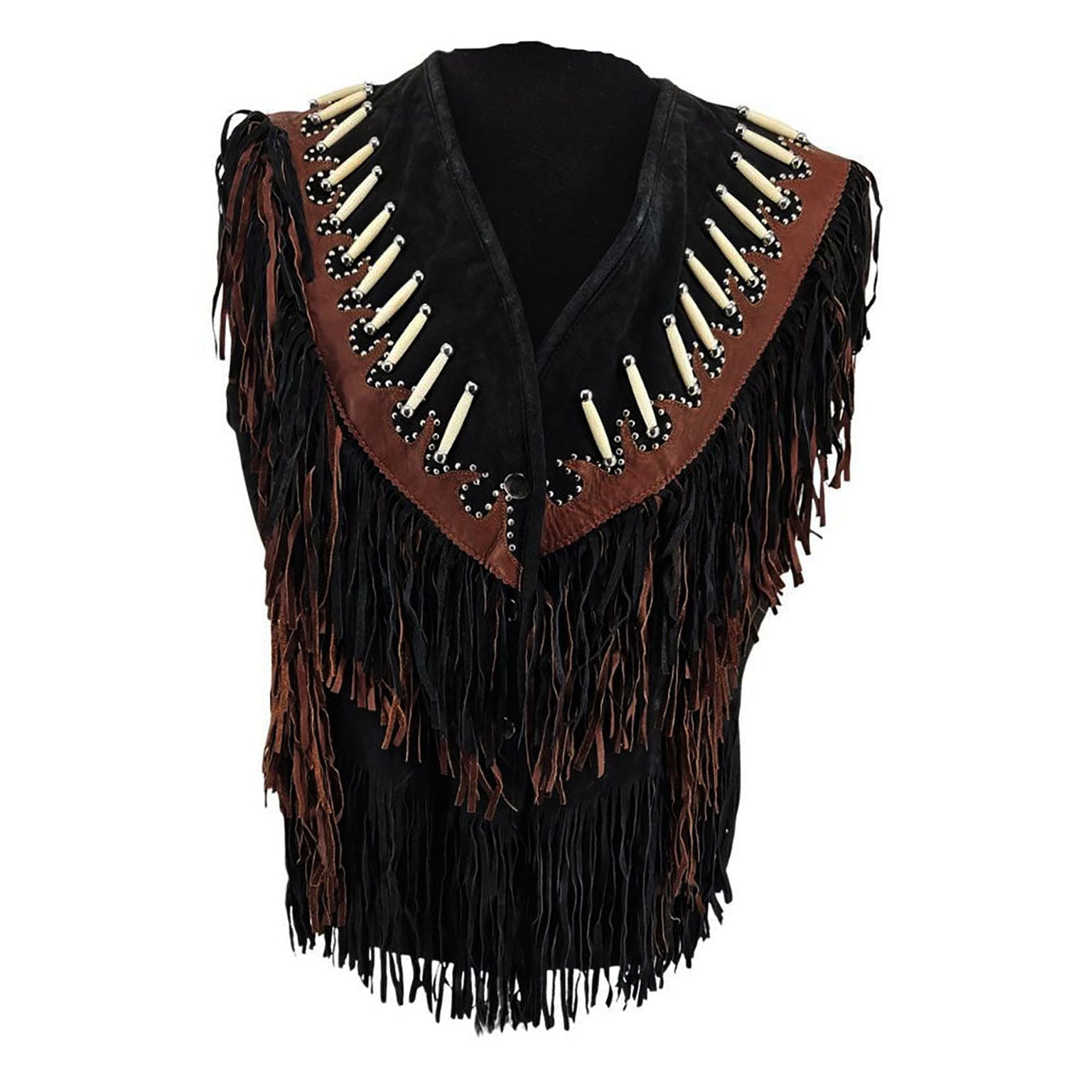 Women's Black Western Genuine Bone Studded Fringe Leather Vest Jacket front view