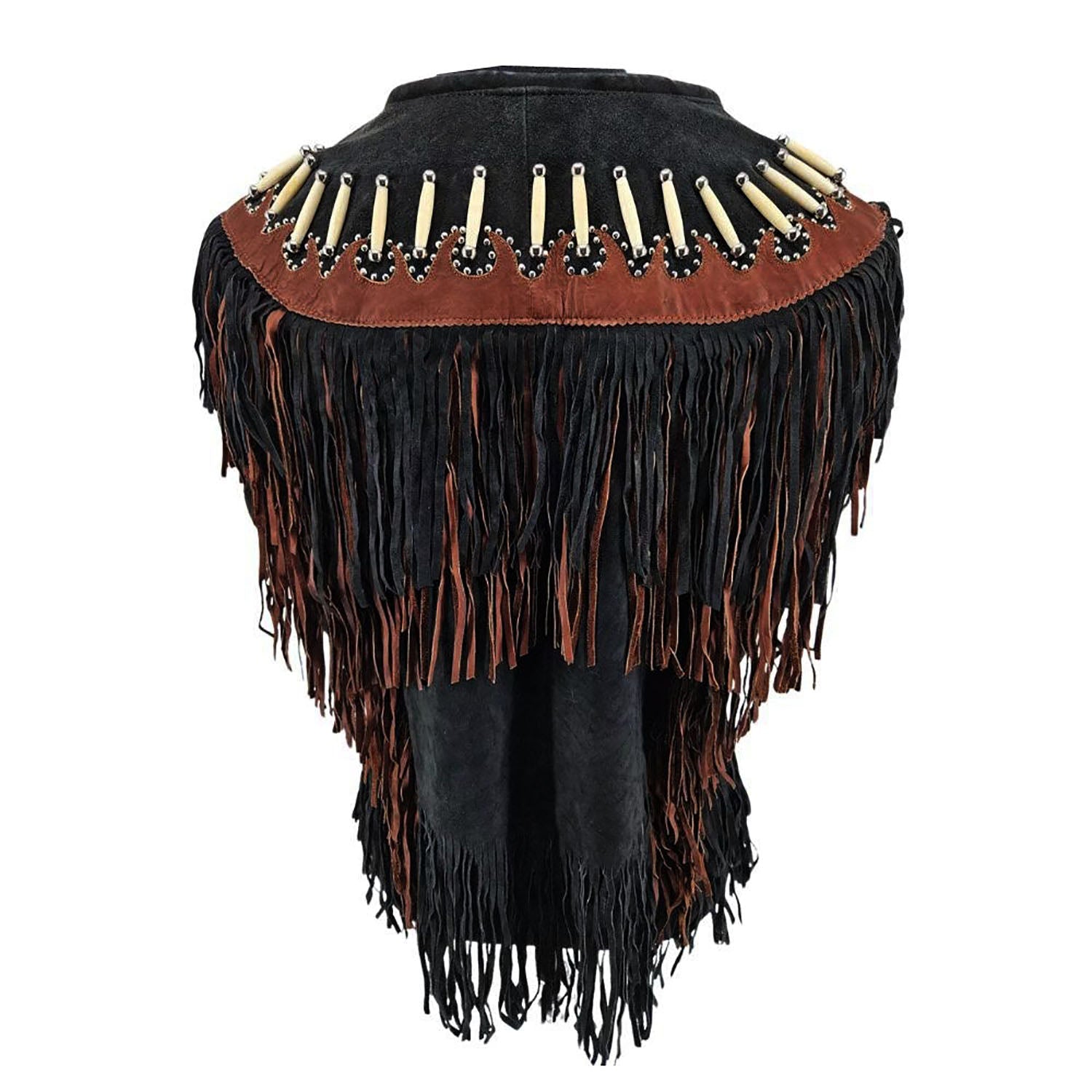 Women's Black Western Genuine Bone Studded Fringe Leather Vest Jacket side view