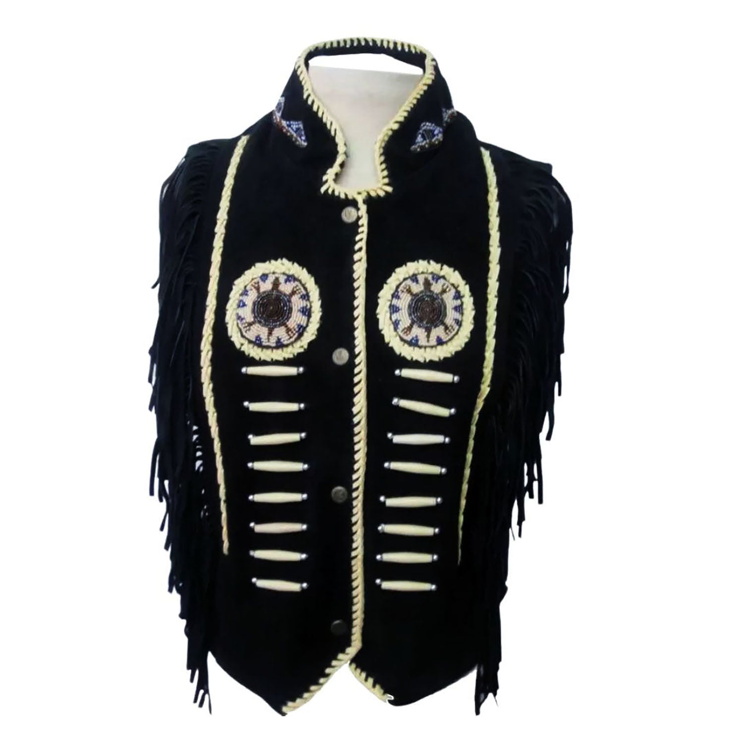 Women's Black Western Genuine Bone & Beaded Fringe Leather Vest Jacket front view