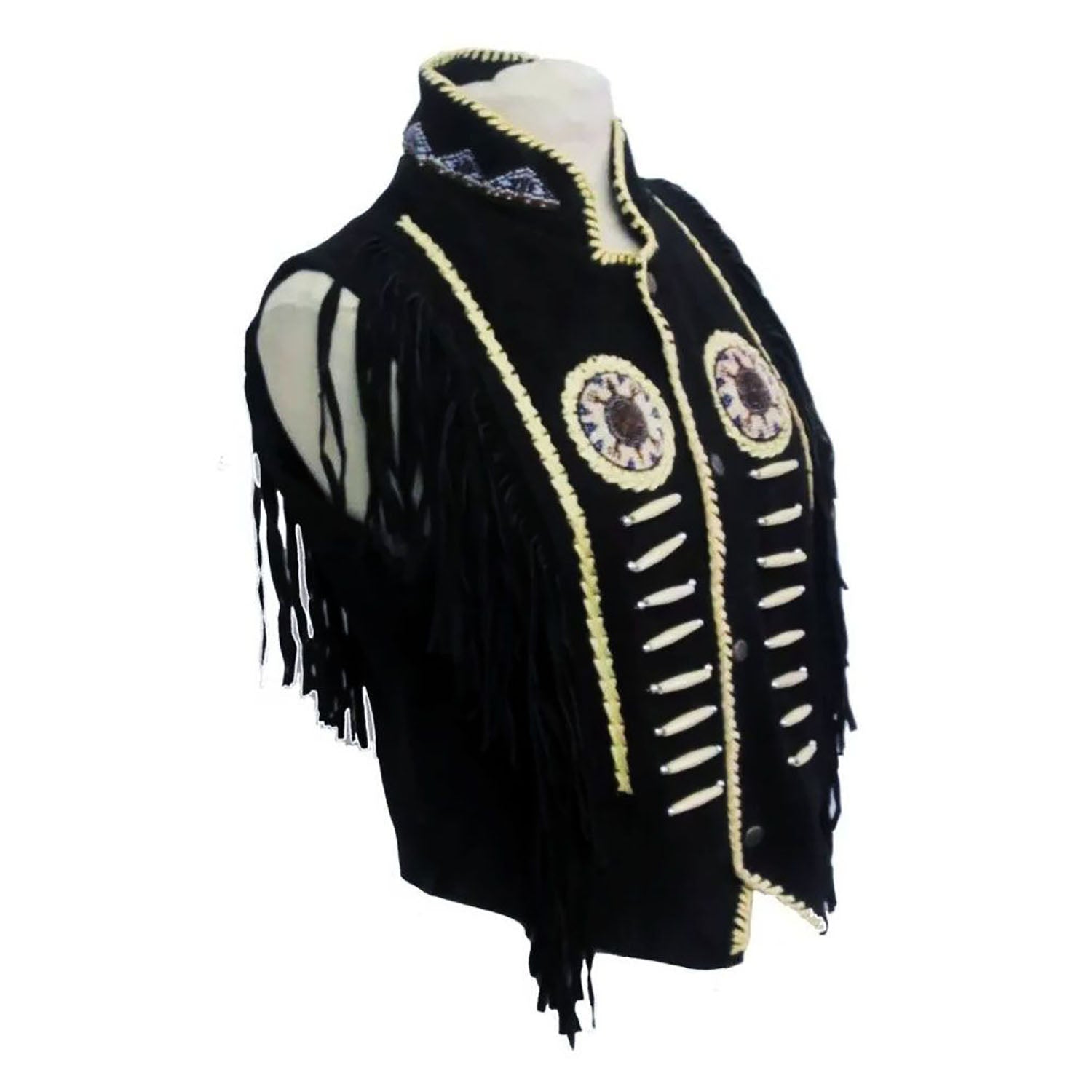 Women's Black Western Genuine Bone & Beaded Fringe Leather Vest Jacket side view