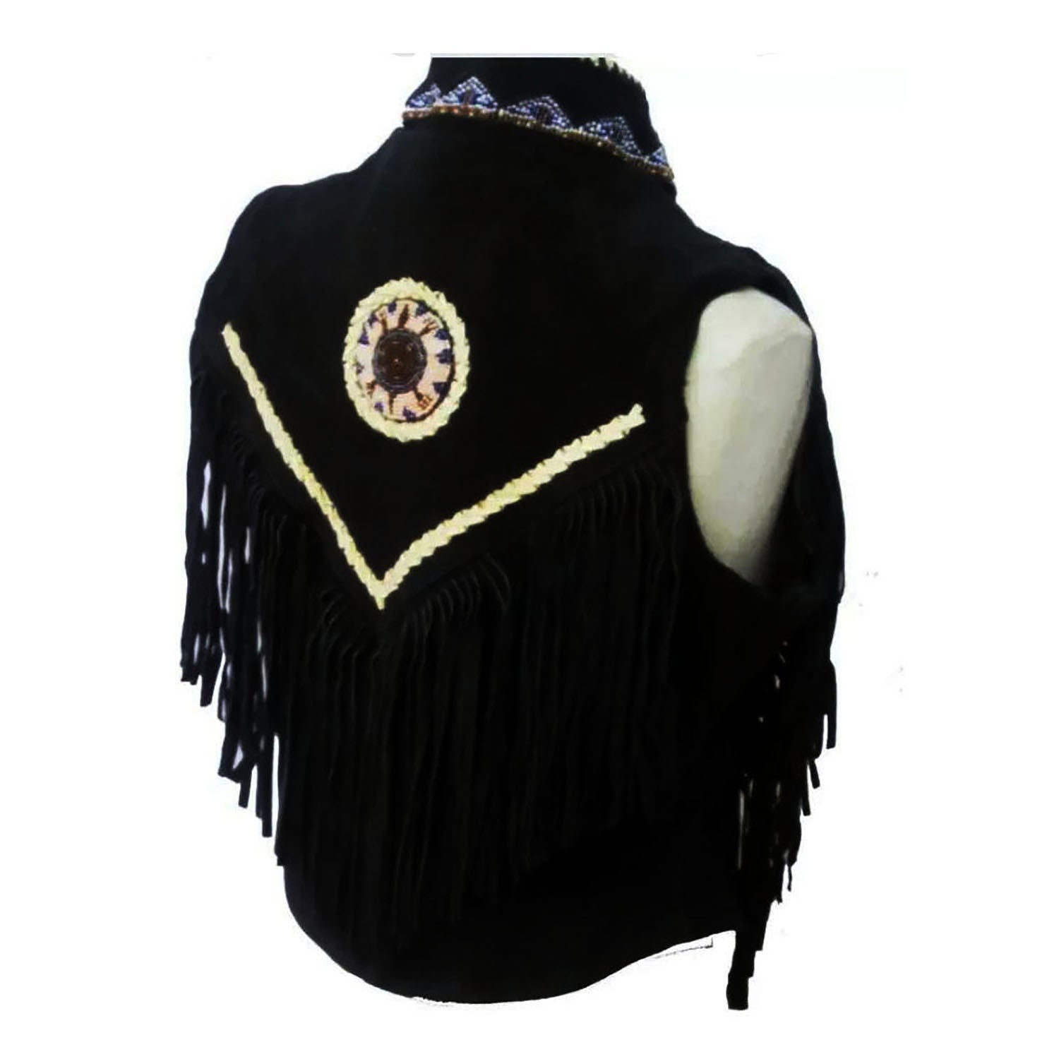 Women's Black Western Genuine Bone & Beaded Fringe Leather Vest Jacket back view