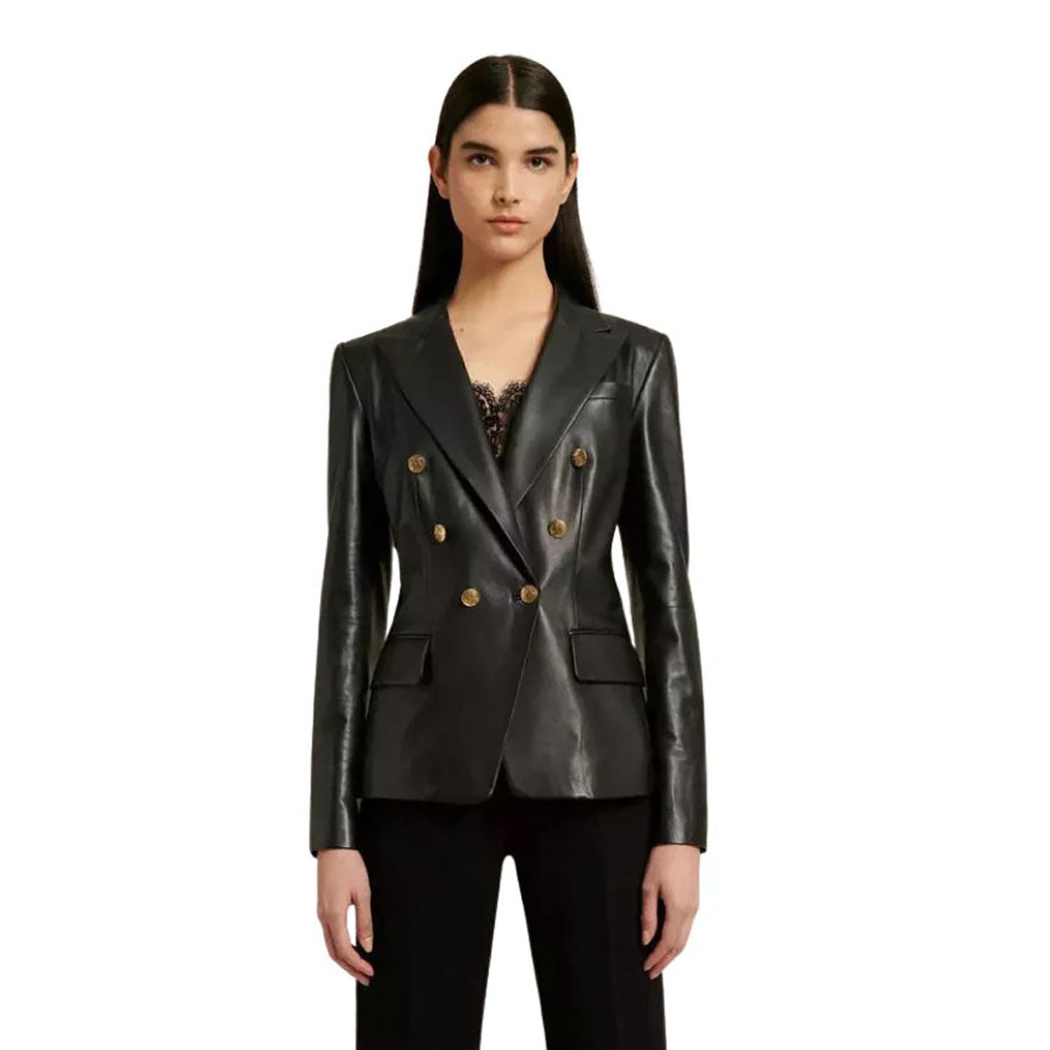 Women's Black Western Genuine Leather Blazer Jacket with Six Buttons front view