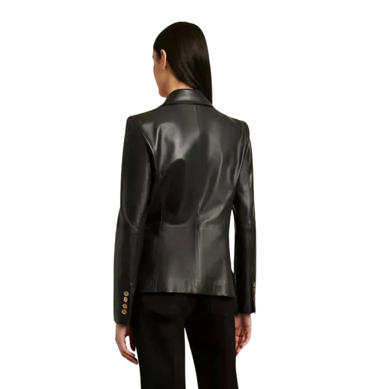 Women's Black Western Genuine Leather Blazer Jacket with Six Buttons side view