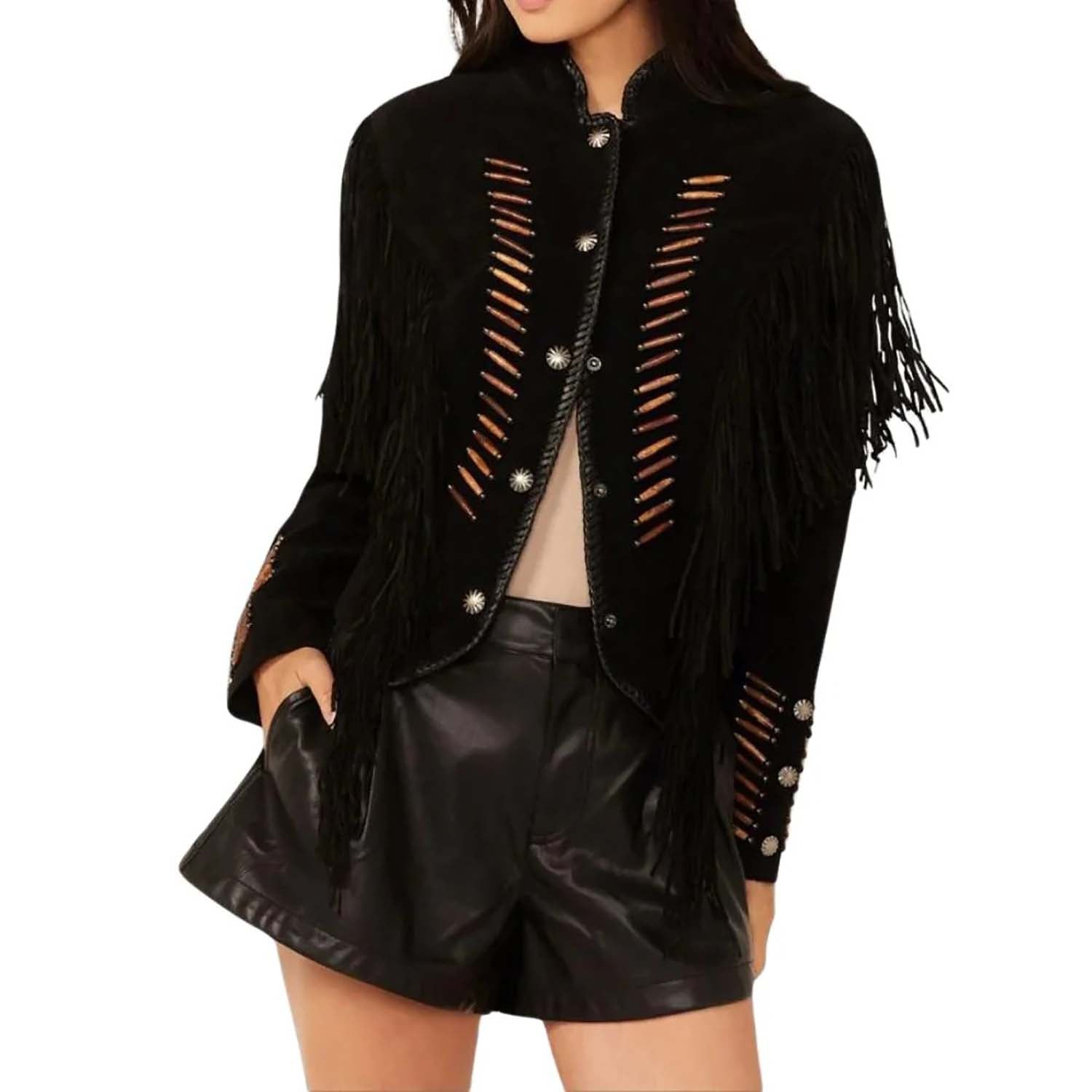 Women's Black Western Leather Jacket with Brown Bone and Fringe front view