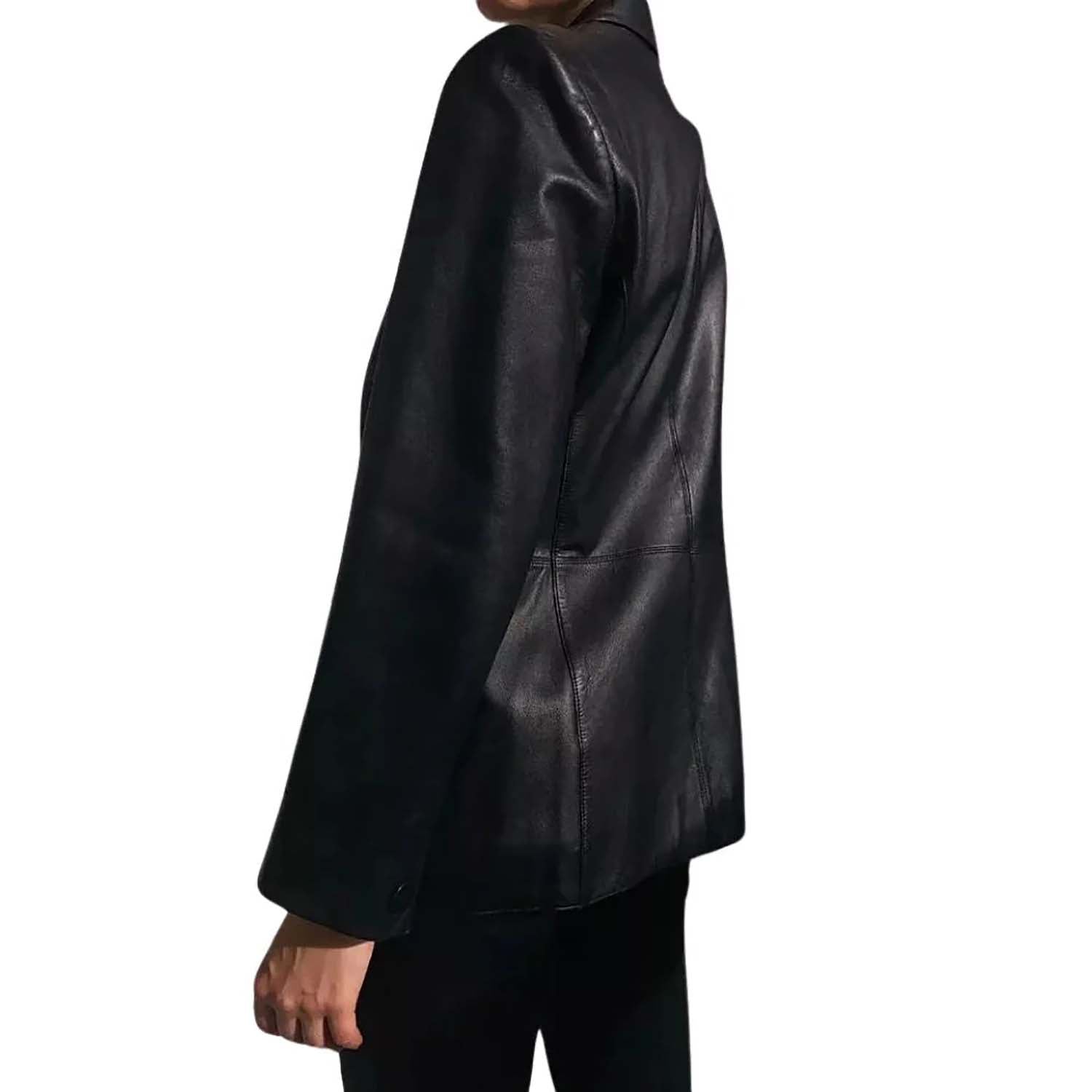Women's Black Western Genuine Leather Blazer Jacket with Two Pockets side view