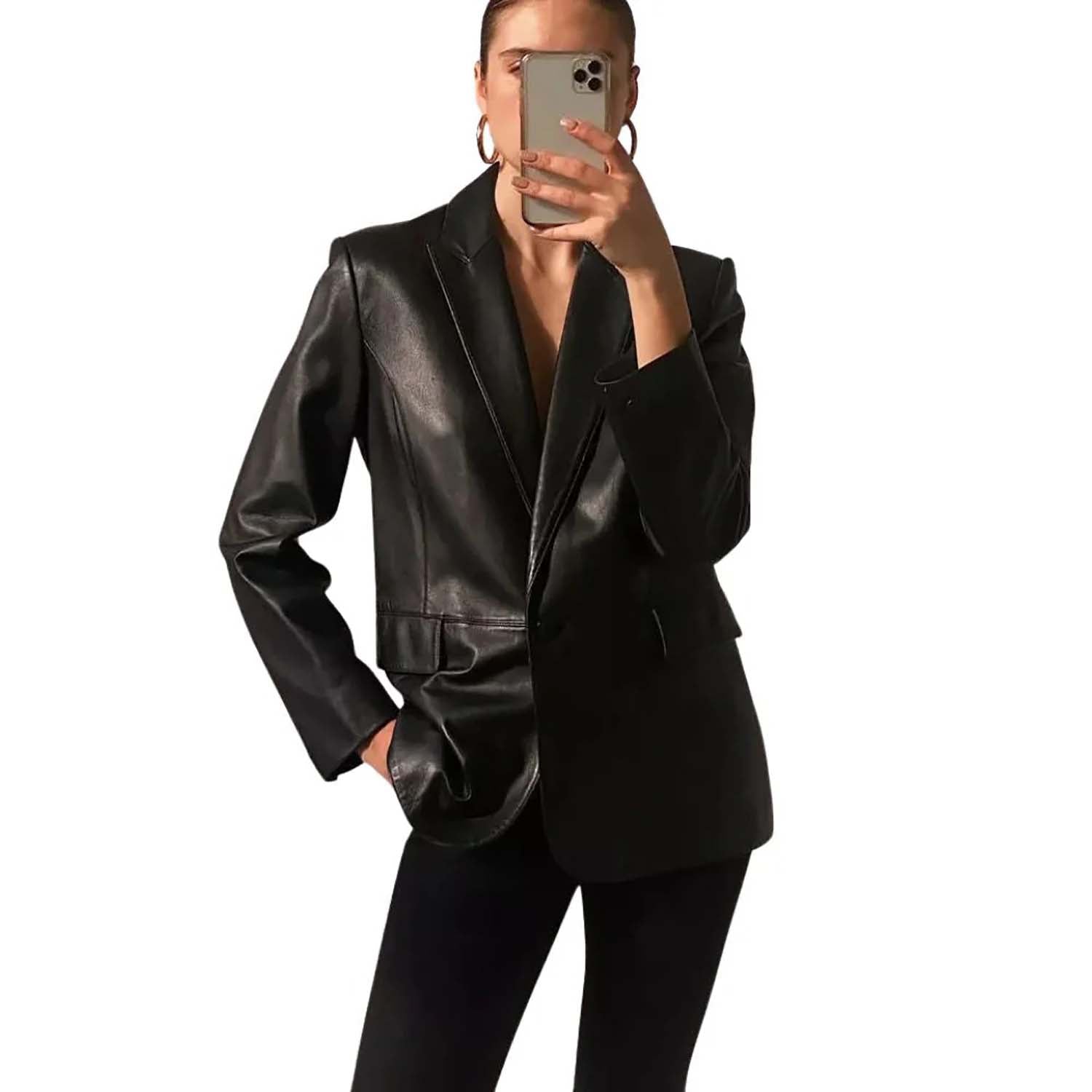 Women's Black Western Genuine Leather Blazer Jacket with Two Pockets front view