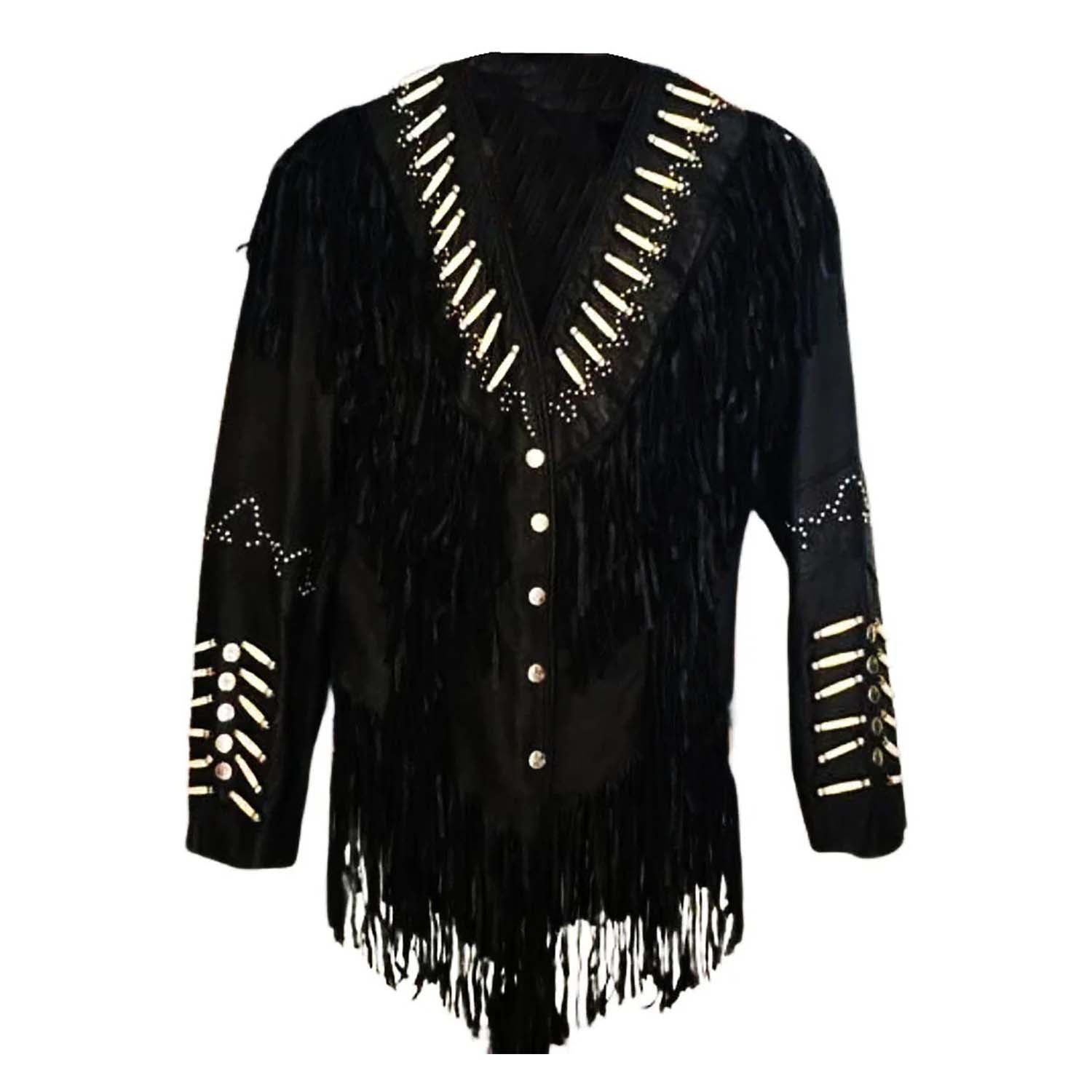 Women's Black Western Leather Jacket with Fringe, Bone & Trim Work front view
